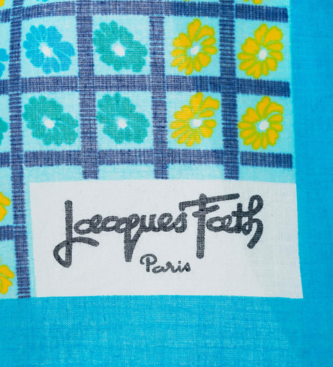 Women's or Men's Signed Jacques Fath Turquoise and Yellow Daisy Check Cotton Scarf – 22”, 1950s For Sale