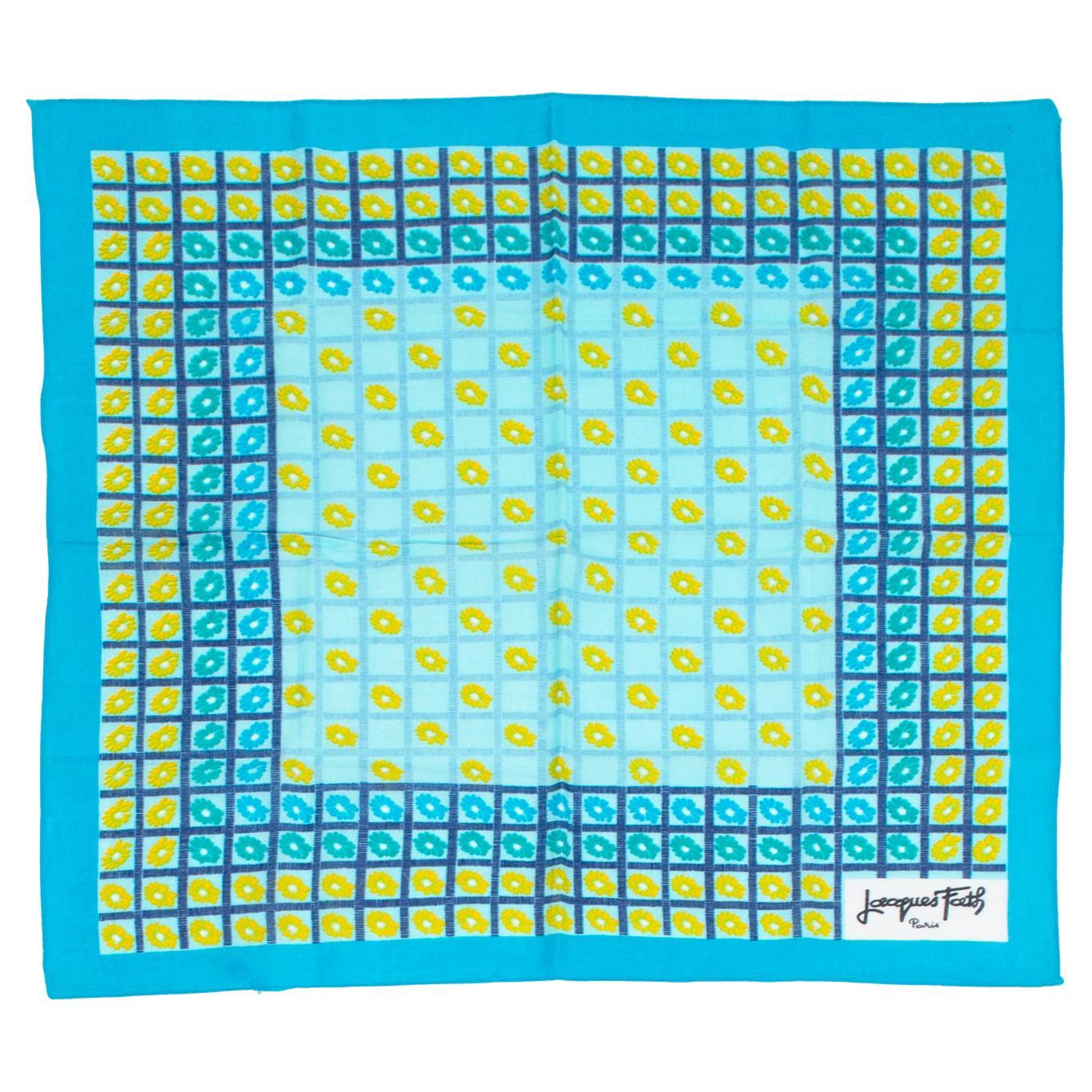 Signed Jacques Fath Turquoise and Yellow Daisy Check Cotton Scarf – 22”, 1950s For Sale