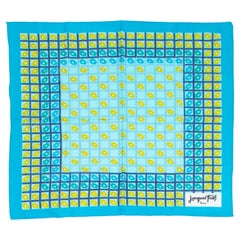 Écharpe en coton à carreaux turquoise et jaune à motif marguerite signée Jacques Fath 22, années 1950