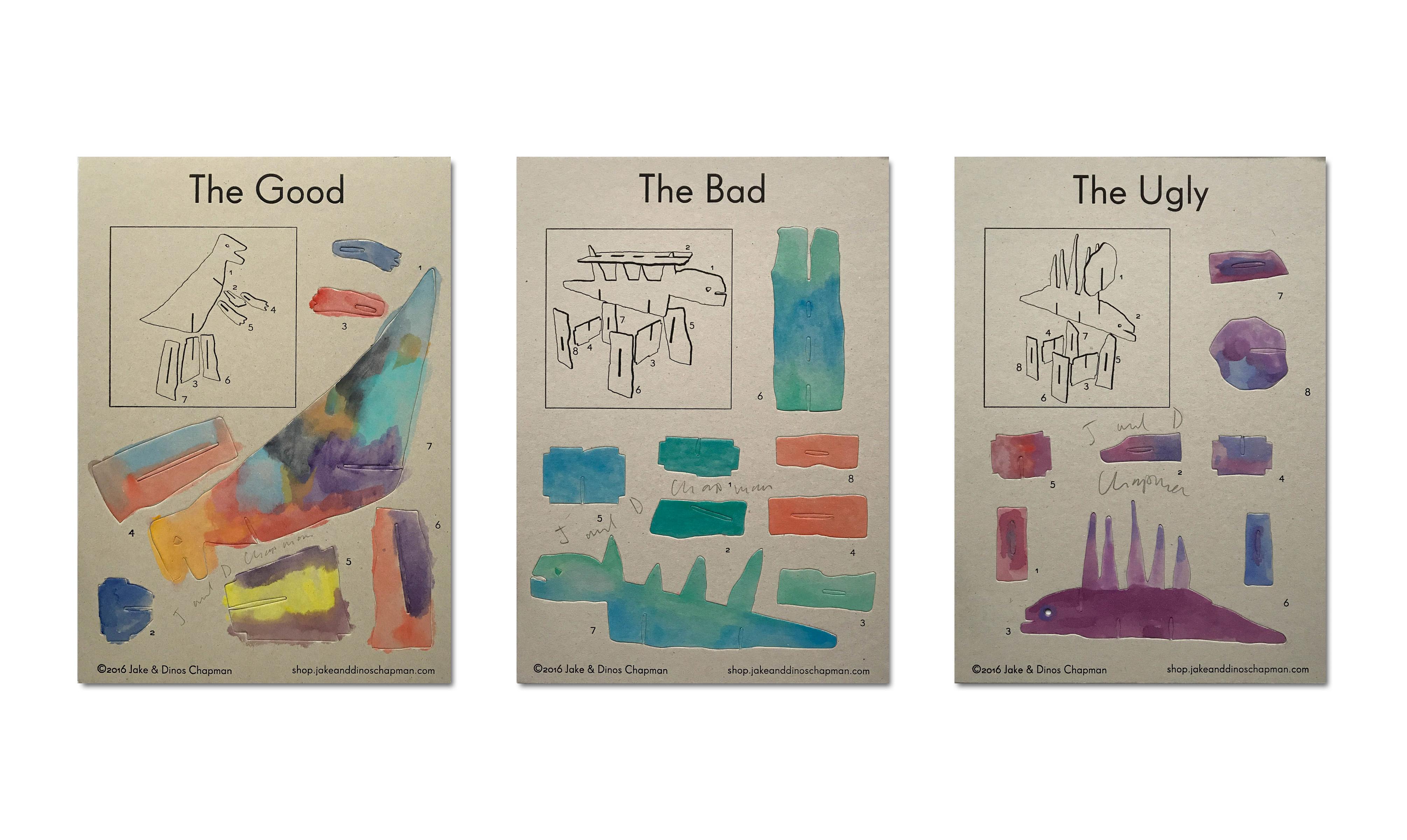 For sale, is a tryptic of signed, unique hand-painted cardboard Dinosaurs, titled 'The Good', 'The Bad' and 'The Ugly' by Jake and Dinos Chapman.

These unique hand water-coloured cardboard (painted on both sides) works by renowned British artists,