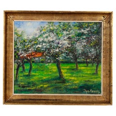 Vintage Signed Jam Kemmis Farmyard Blossoms Oil Painting 