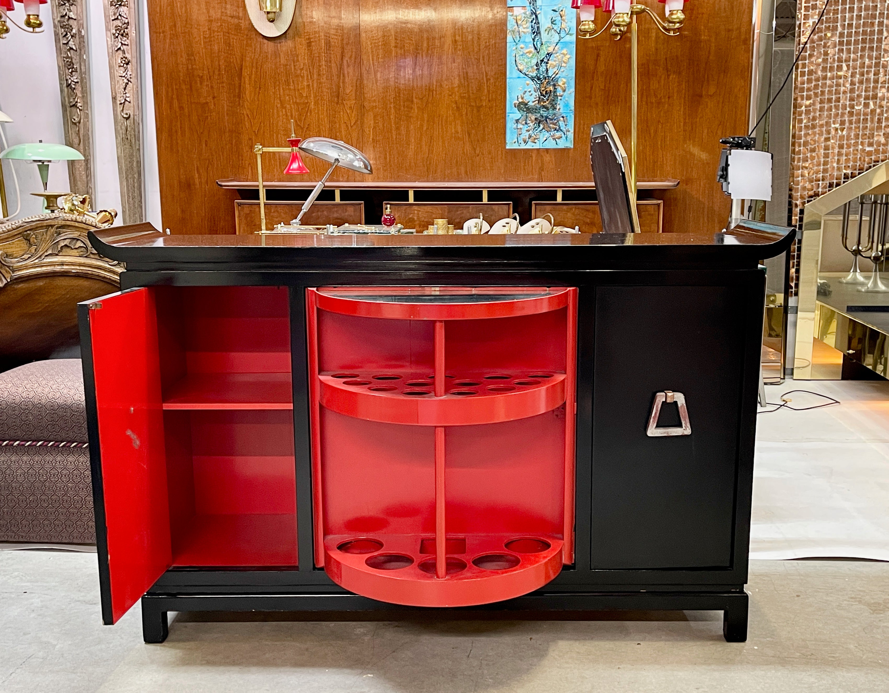 Lacquered Signed James Mont Design Pagoda Cocktail Cabinet For Sale