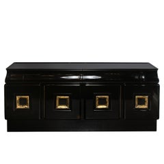 Signed James Mont Sideboard in Black Lacquer W/ Gilded Wood Pulls