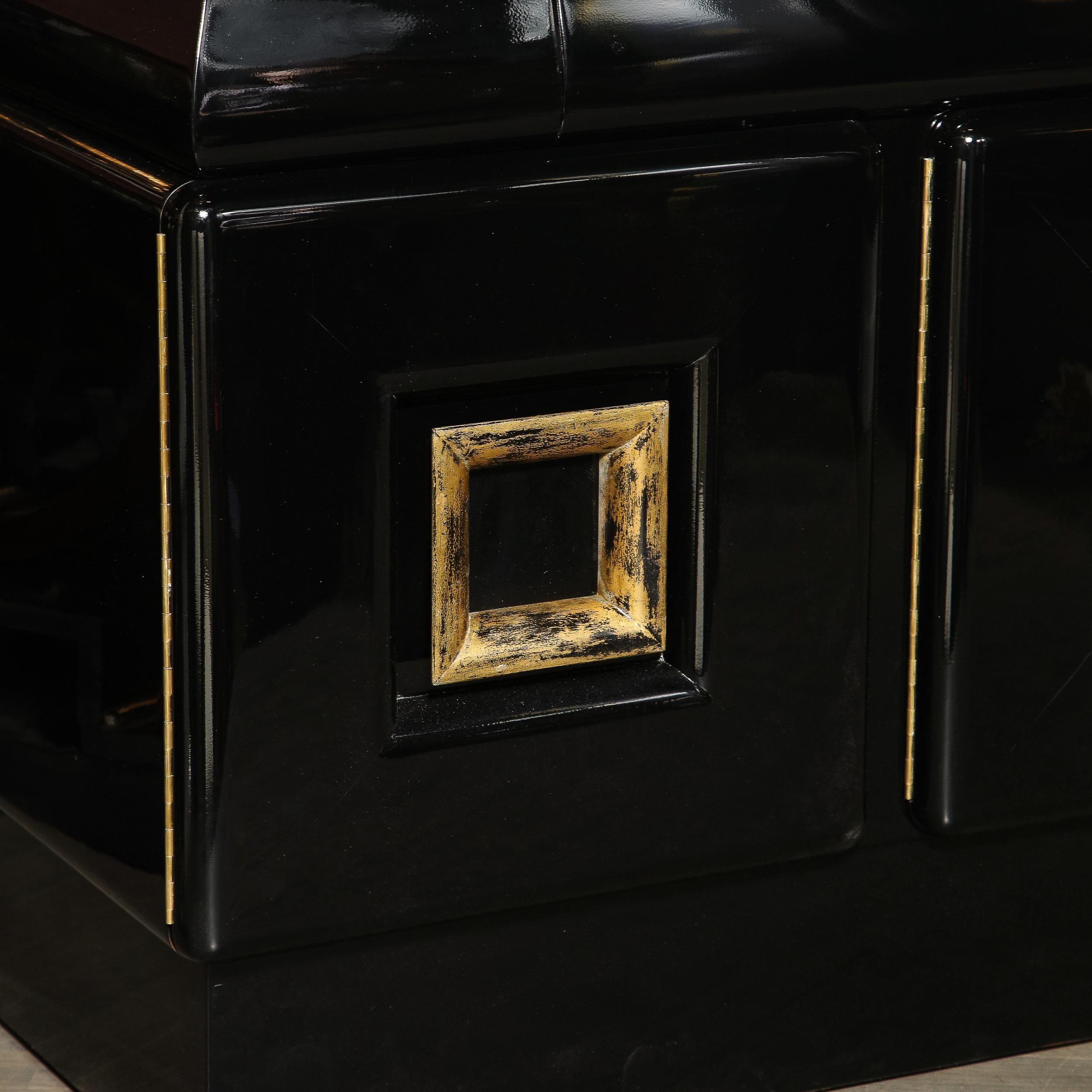 American Signed James Mont Sideboard in Black Lacquer W/ Gilded Wood Pulls For Sale