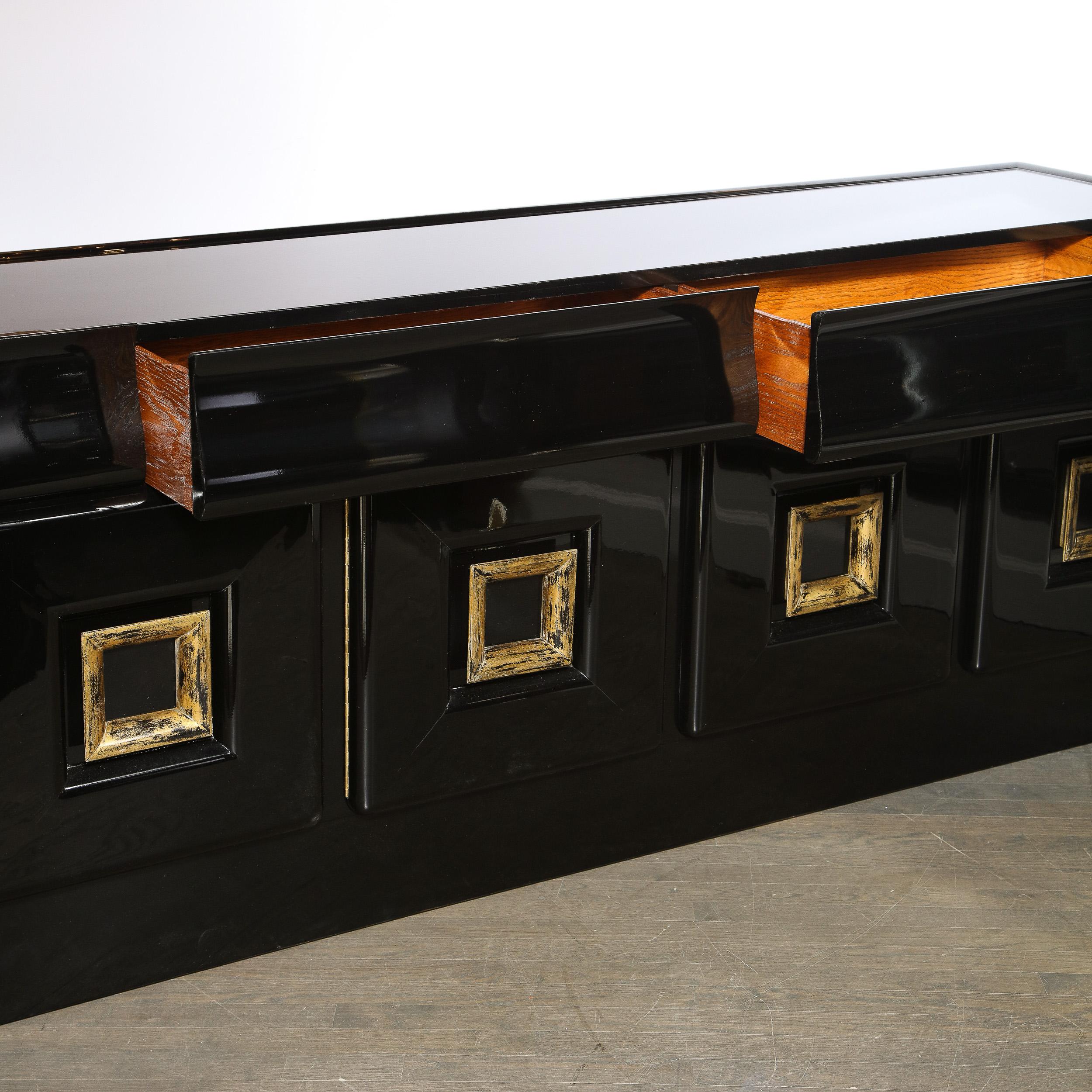 Mid-20th Century Signed James Mont Sideboard in Black Lacquer W/ Gilded Wood Pulls For Sale