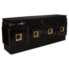 Signed James Mont Sideboard in Black Lacquer W/ Gilded Wood Pulls