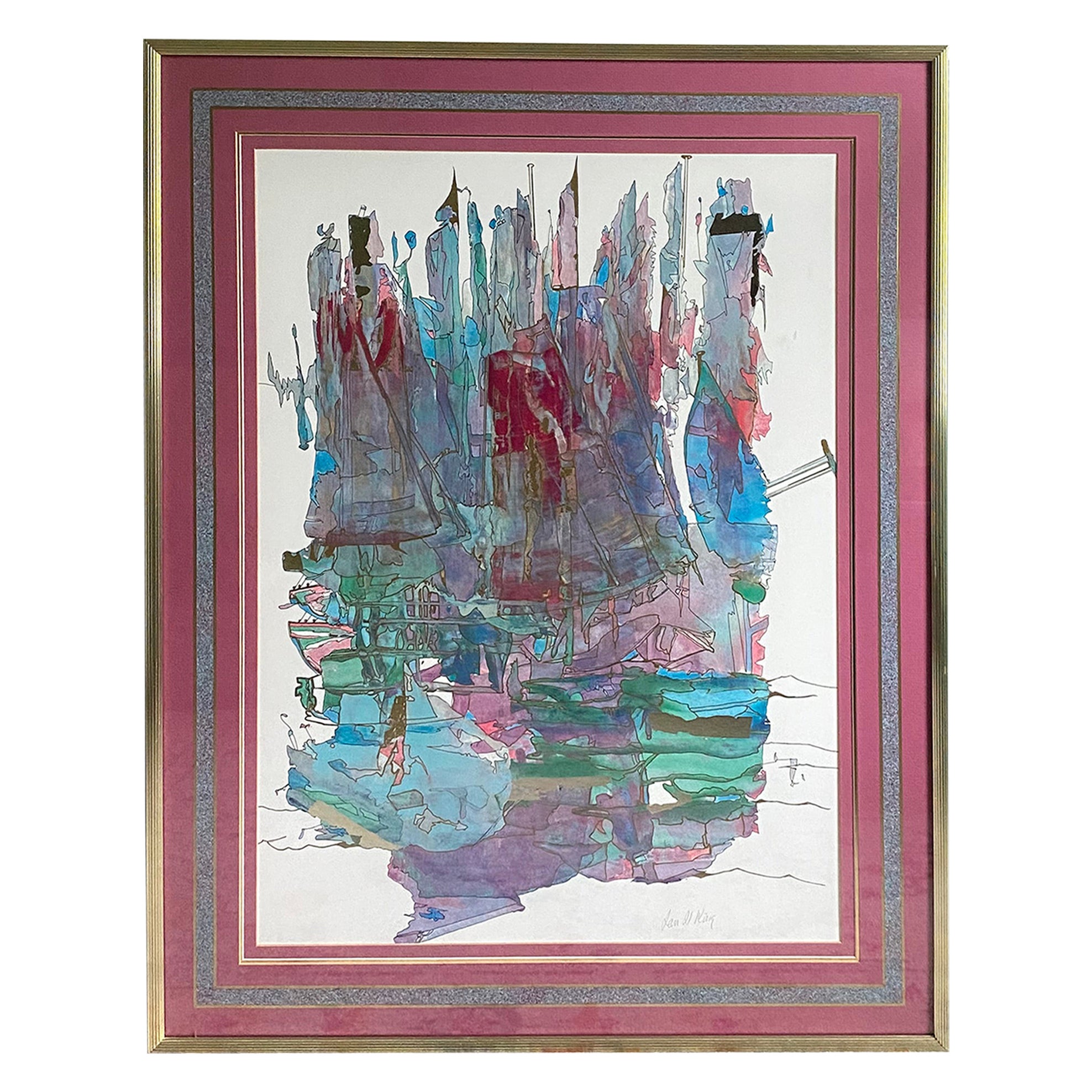 Signierte visuelle abstrakte Wandkunst von Jan Il Yang mit Goldrahmen, signiert im Angebot