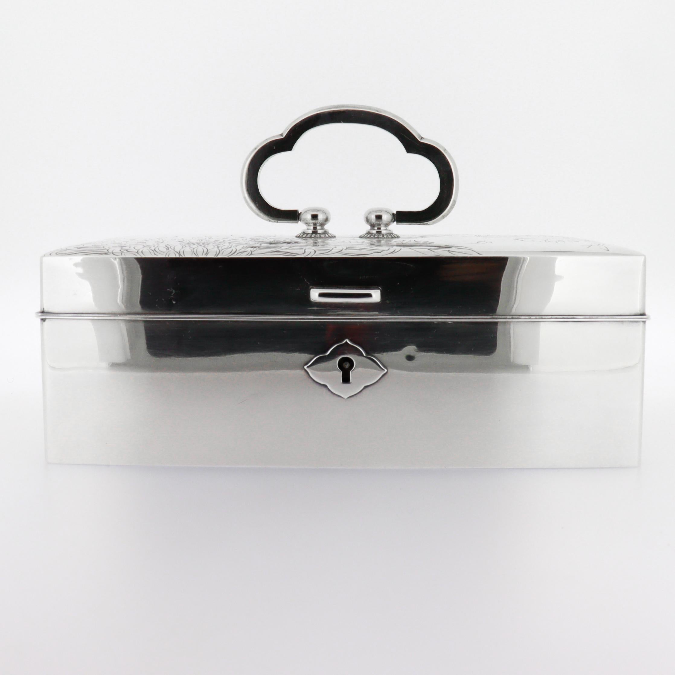 Signed Japanese 950 Sterling Silver Handled Jewelry Box with Chrysanthemums For Sale 14