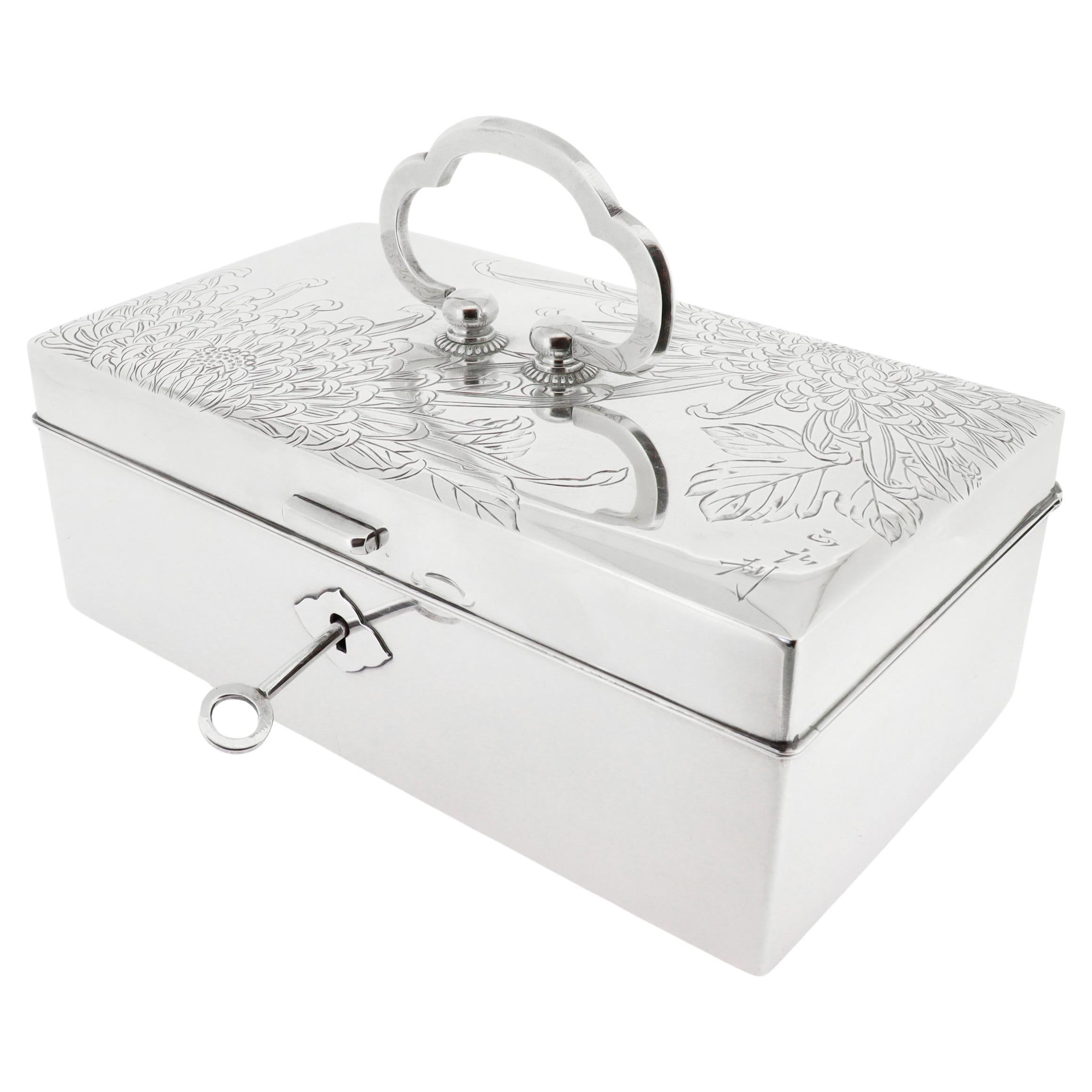 Signed Japanese 950 Sterling Silver Handled Jewelry Box with Chrysanthemums For Sale