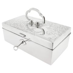 Signed Japanese 950 Sterling Silver Handled Jewelry Box with Chrysanthemums