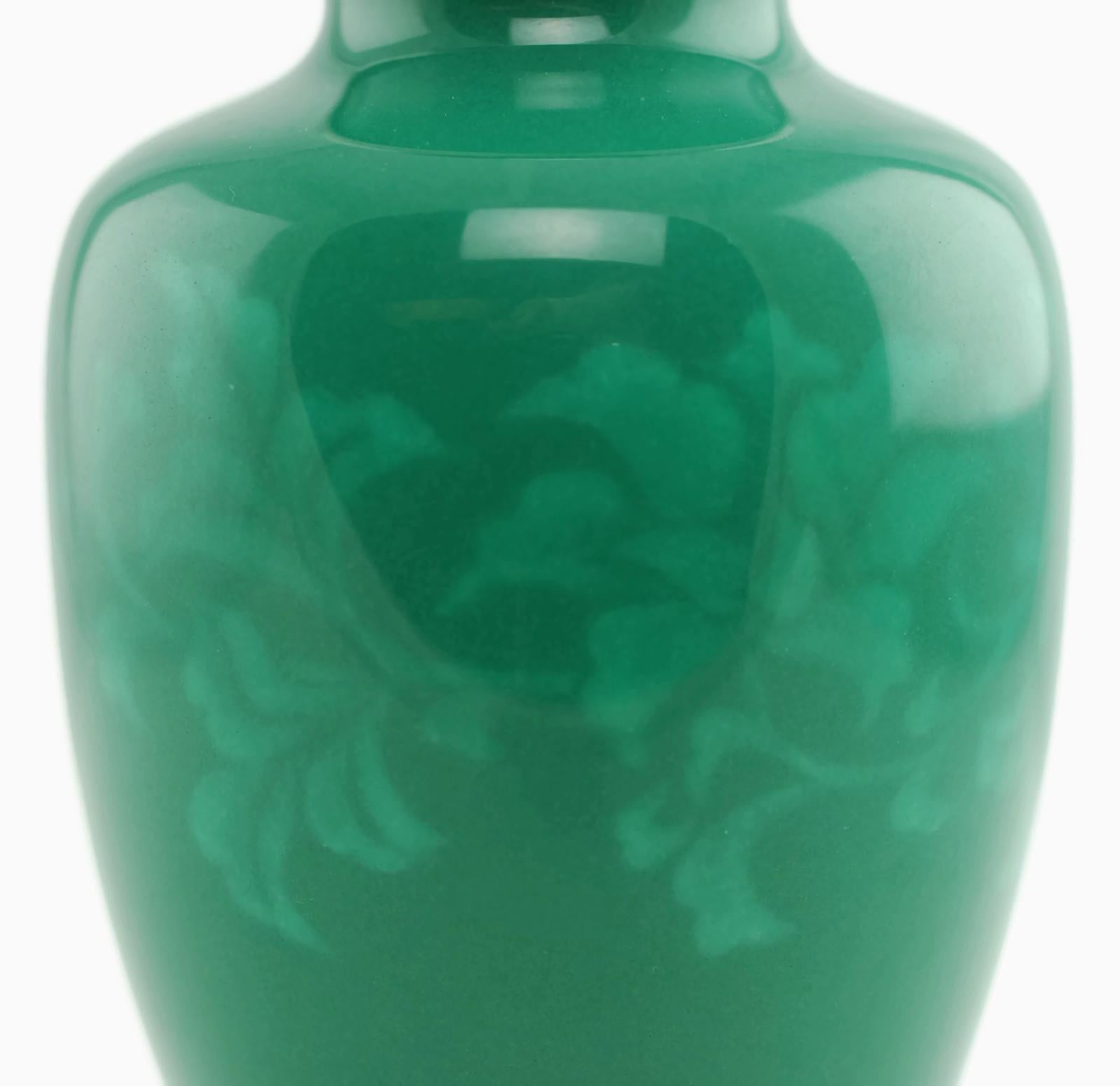 Modern Signed Japanese Ando Jade Green Wireless Cloisonné Vase