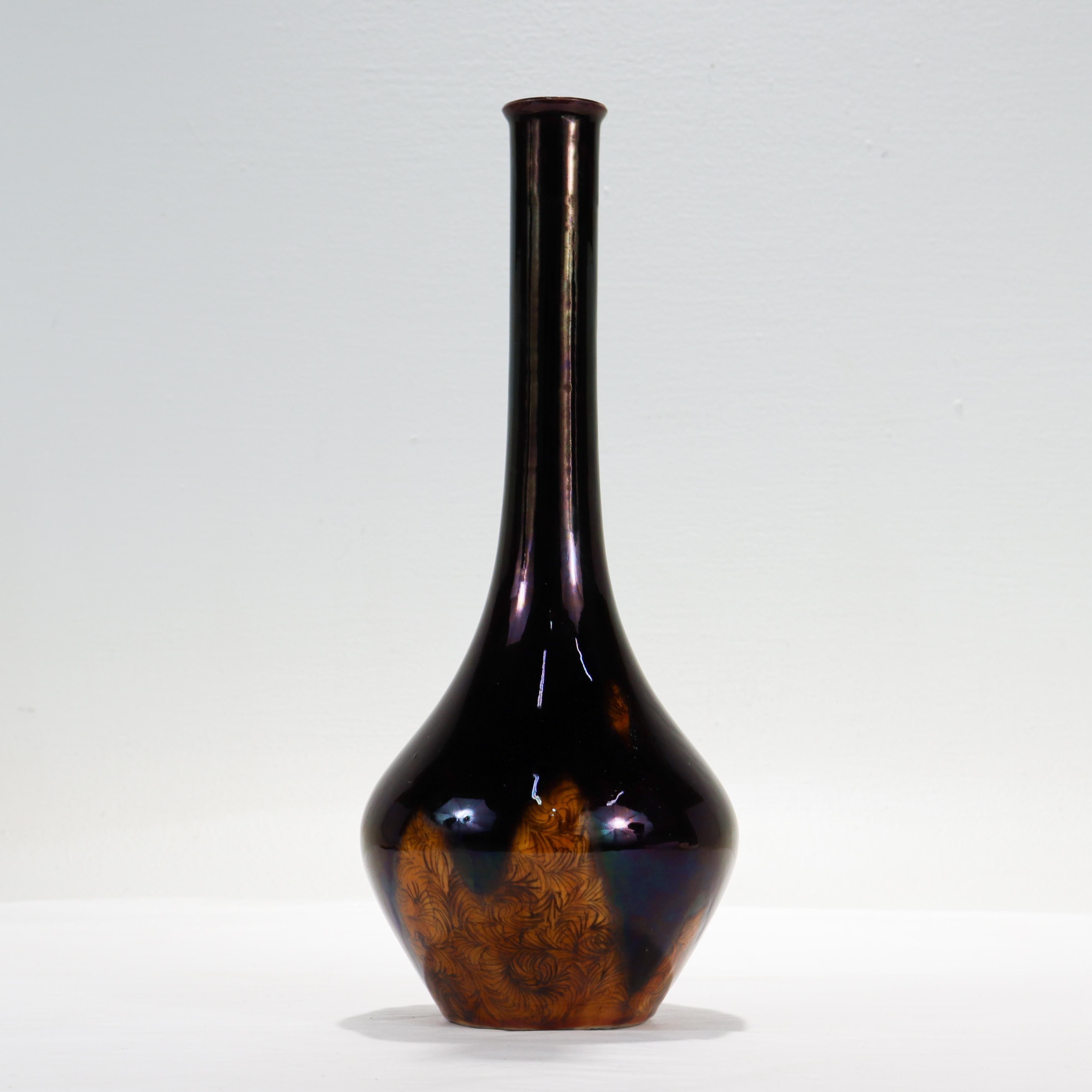 Meiji Signed Japanese Black Glaze Kutani Porcelain Vase by Mitsui Tamekichi III For Sale