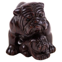 Signed Japanese Boxwood Netsuke Bulldog & Pug Meiji 19th Century