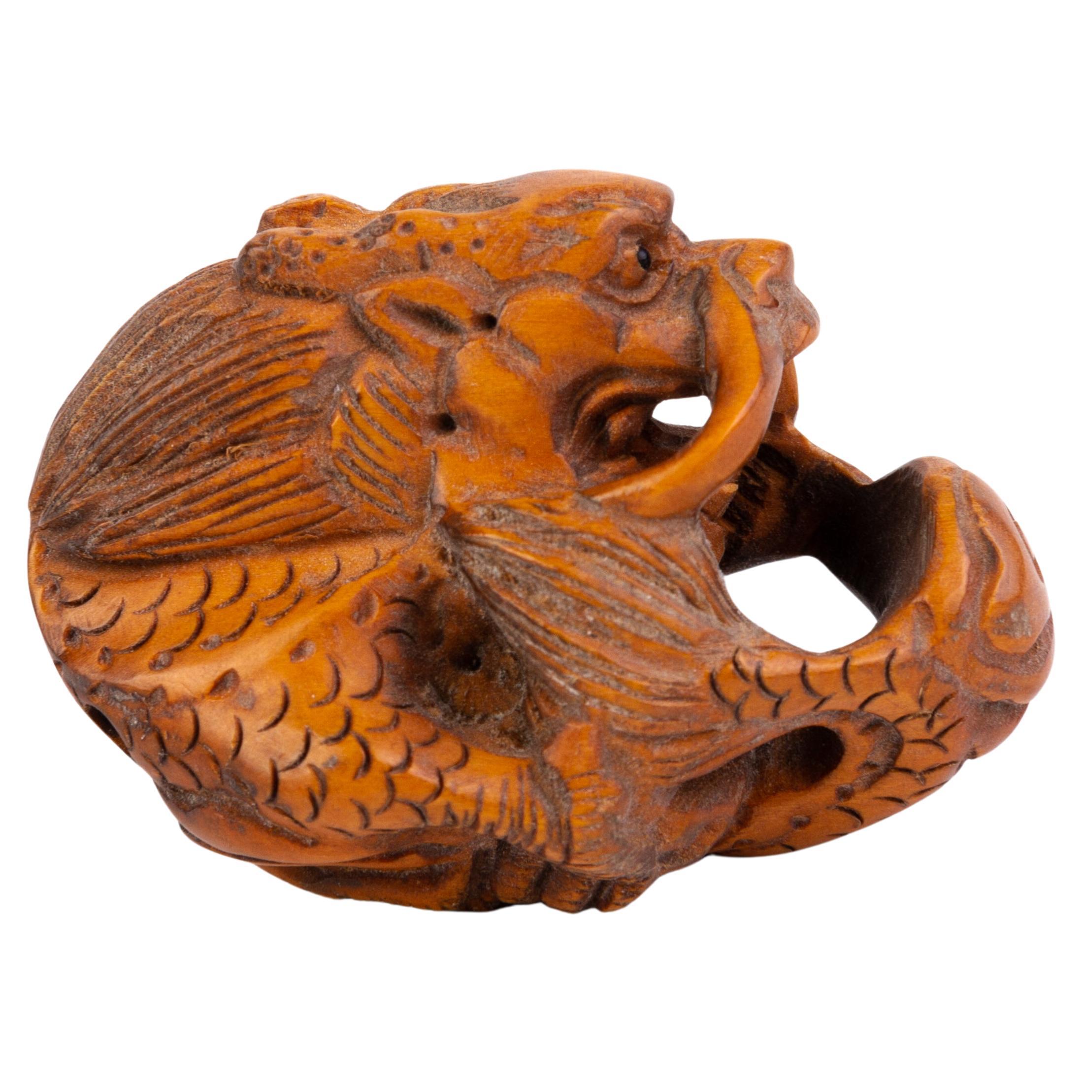 Signed Japanese Boxwood Netsuke Inro of a Dragon  For Sale