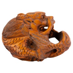 Signed Japanese Boxwood Netsuke Inro of a Dragon 