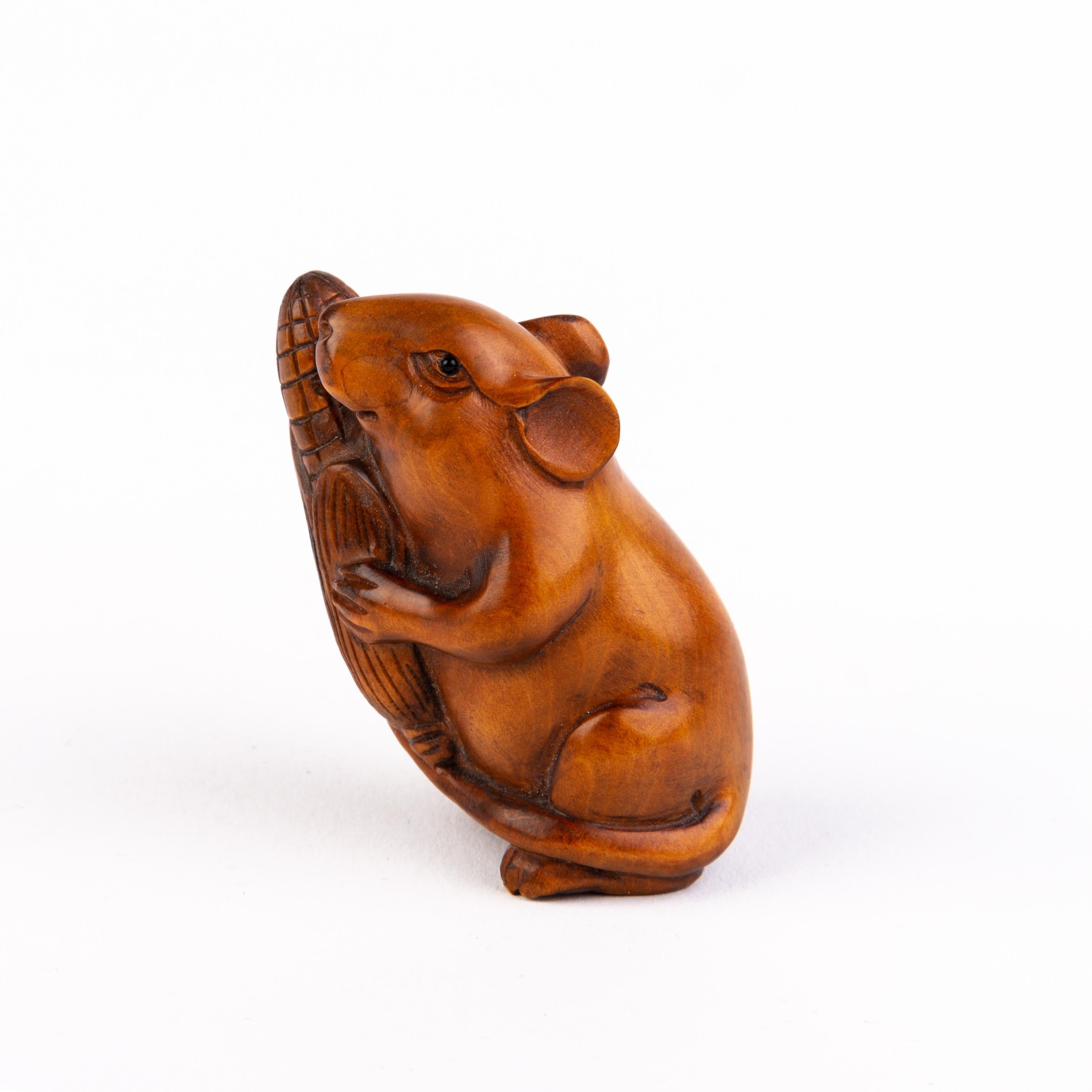 20th Century Signed Japanese Boxwood Netsuke Inro of a Field Mouse  For Sale