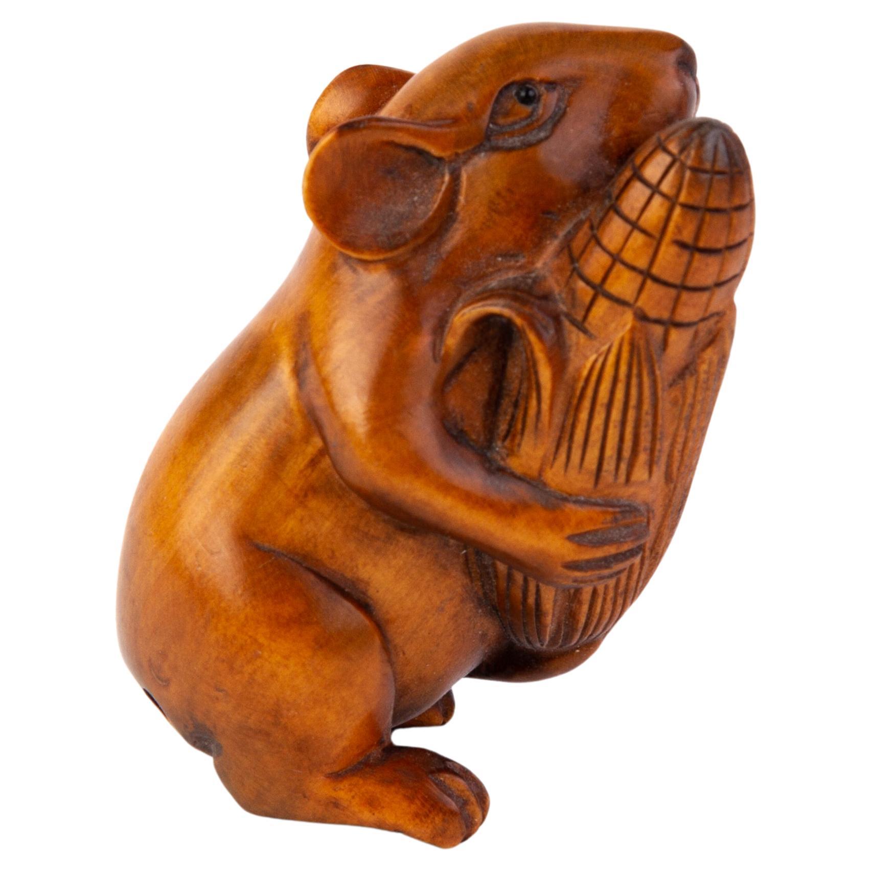 Signed Japanese Boxwood Netsuke Inro of a Field Mouse  For Sale