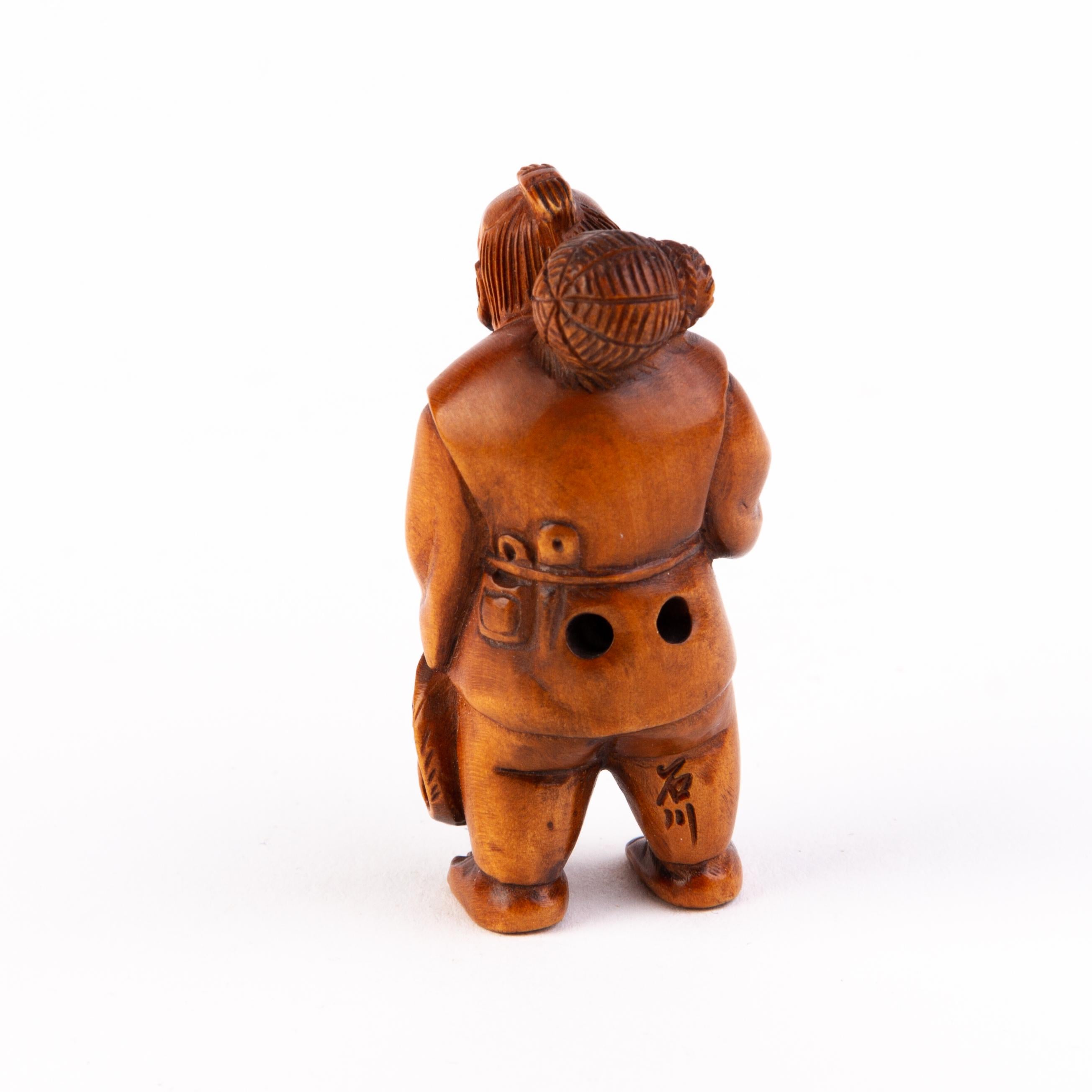 Signed Japanese Boxwood Netsuke Inro of a Fisherman  In Good Condition In Nottingham, GB