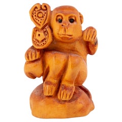 Signed Japanese Boxwood Netsuke Inro of a Monkey 