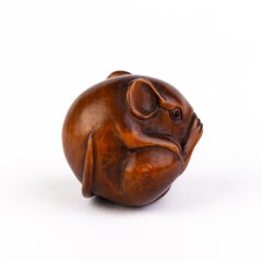 Signed Japanese Boxwood Netsuke Inro of a Mouse