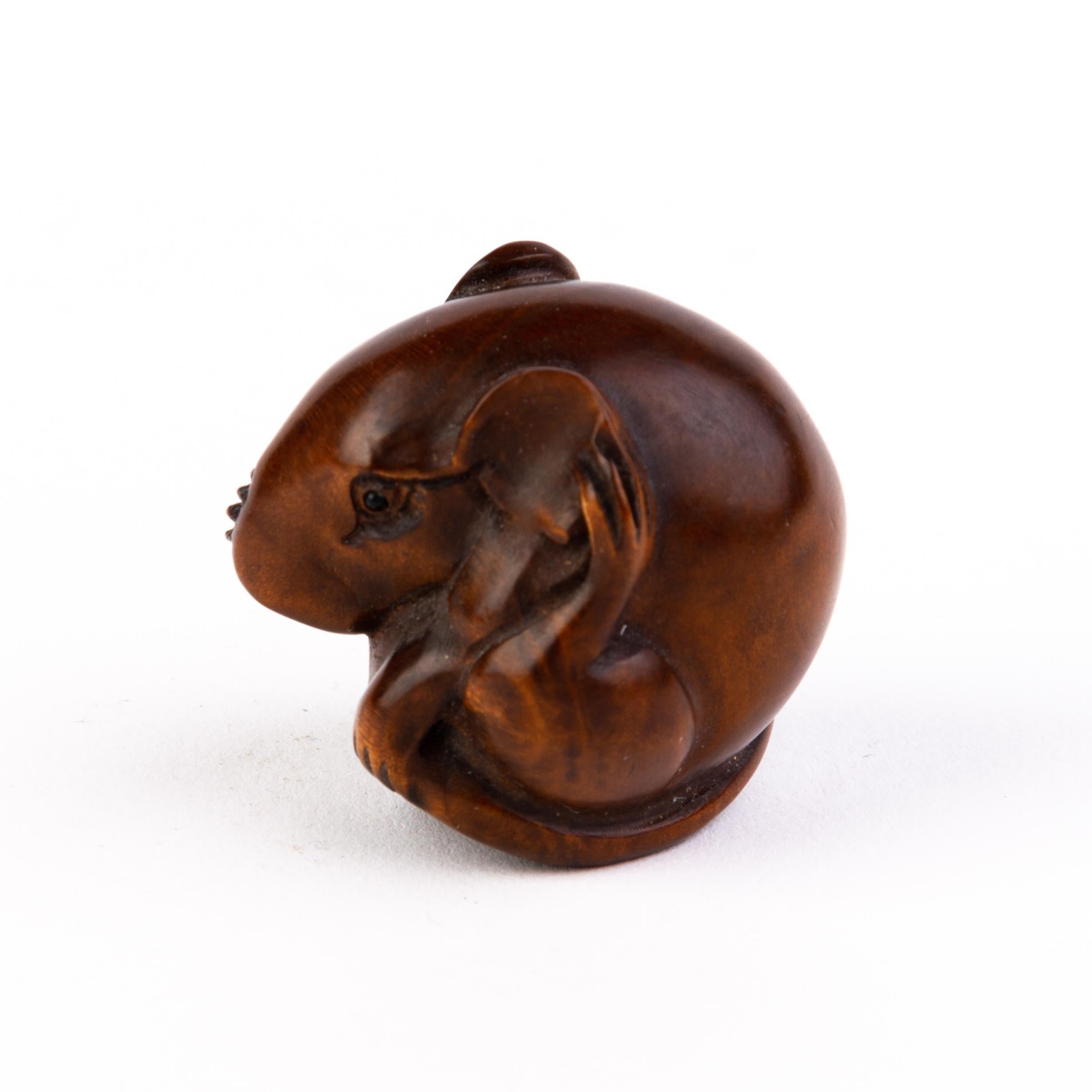 20th Century Signed Japanese Boxwood Netsuke Inro of a Mouse