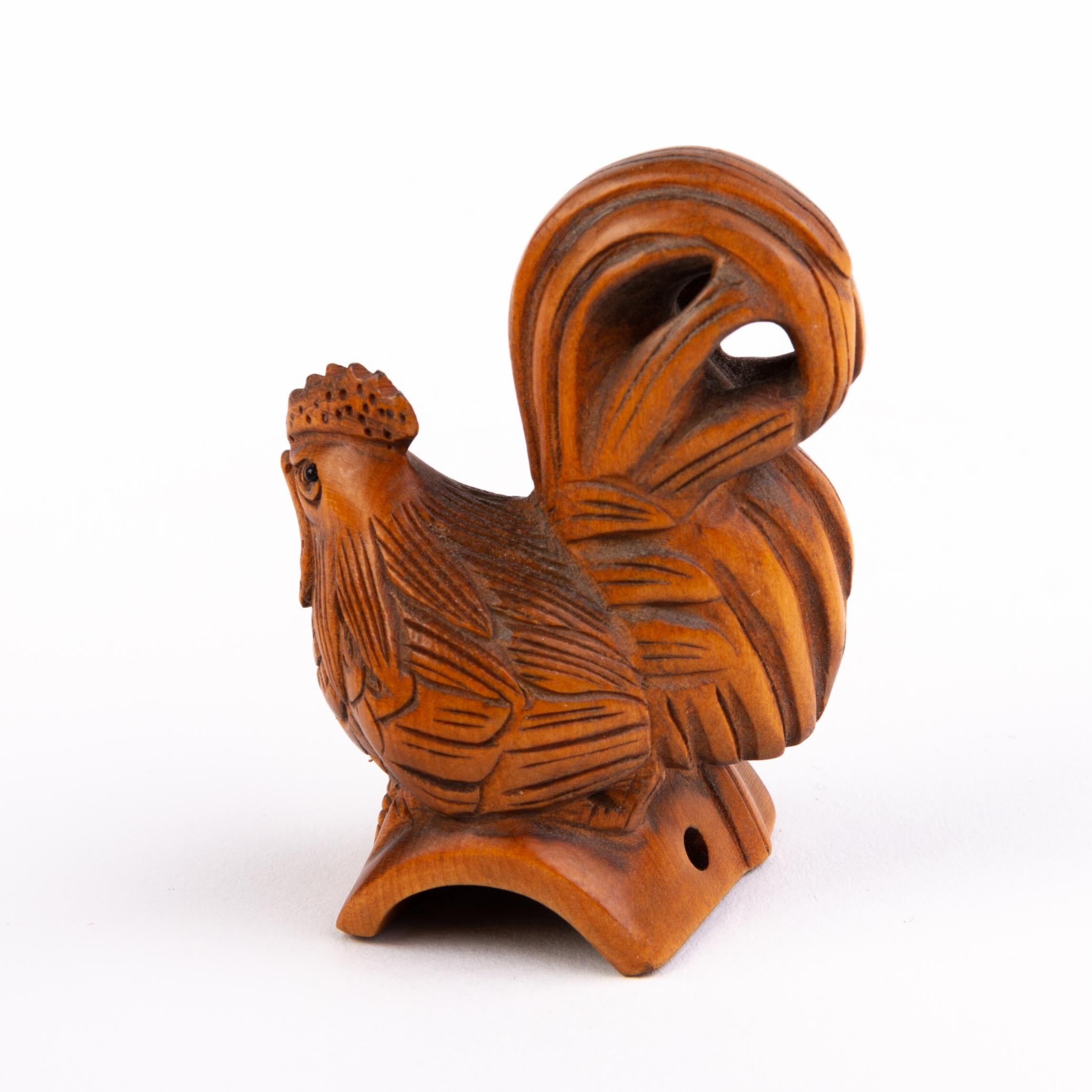 20th Century Signed Japanese Boxwood Netsuke Inro of a Rooster  For Sale