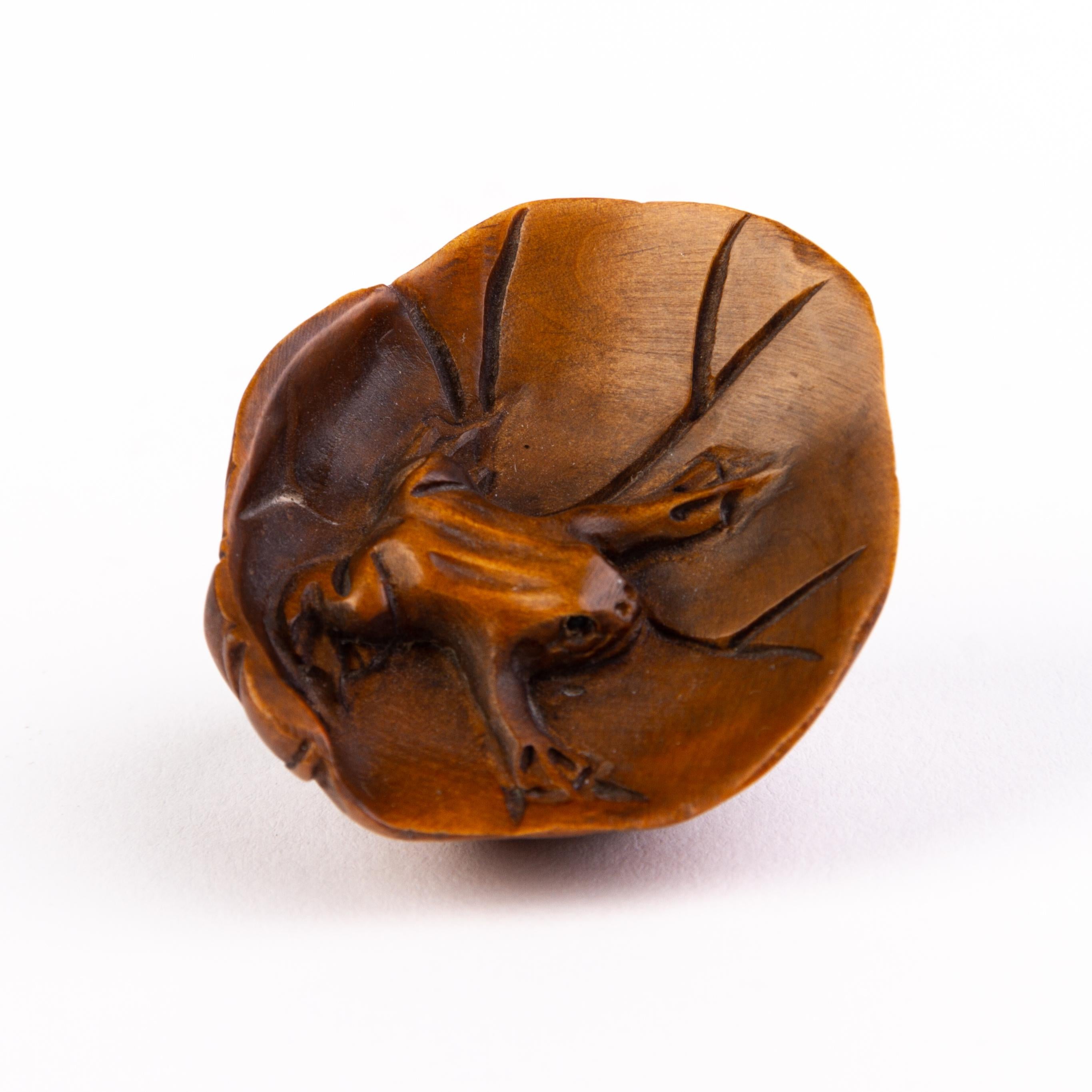 Signed Japanese Boxwood Netsuke Inro of a Tree Frog  For Sale 1