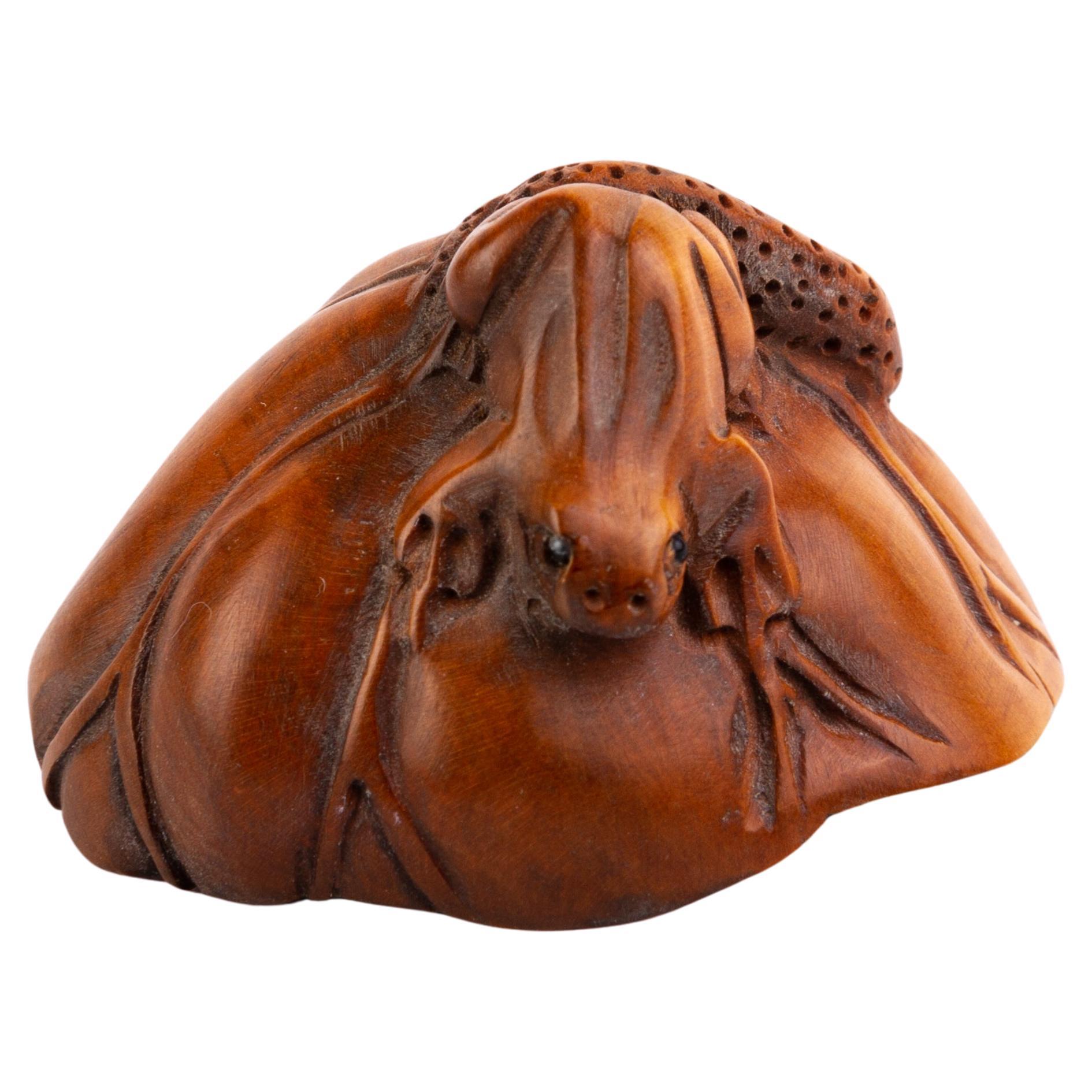 Signed Japanese Boxwood Netsuke Inro of a Tree Frog  For Sale