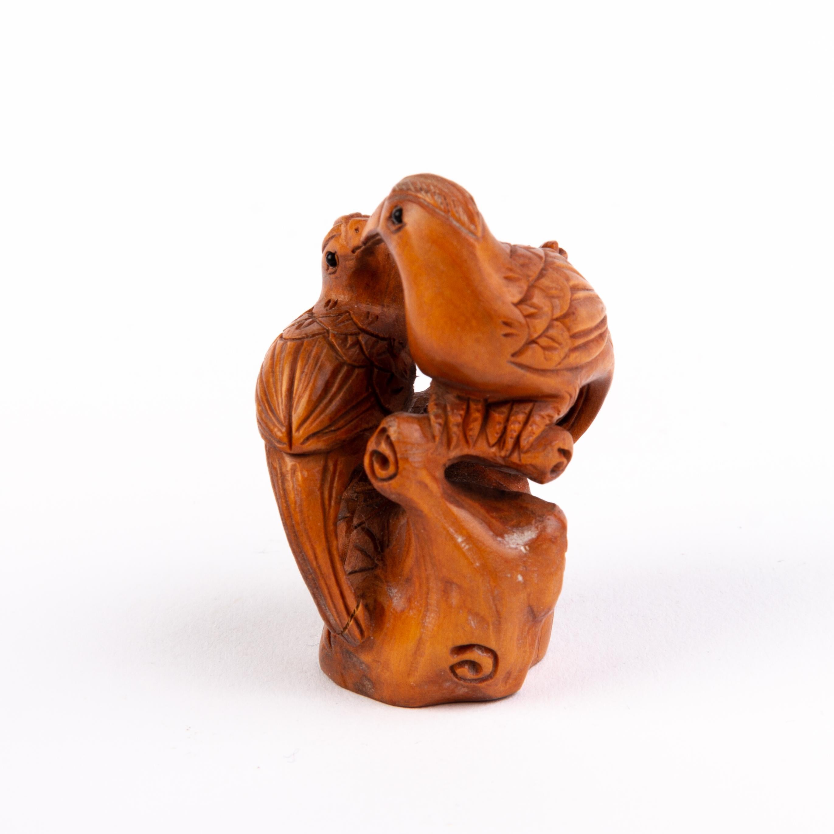 20th Century Signed Japanese Boxwood Netsuke Inro of Birds