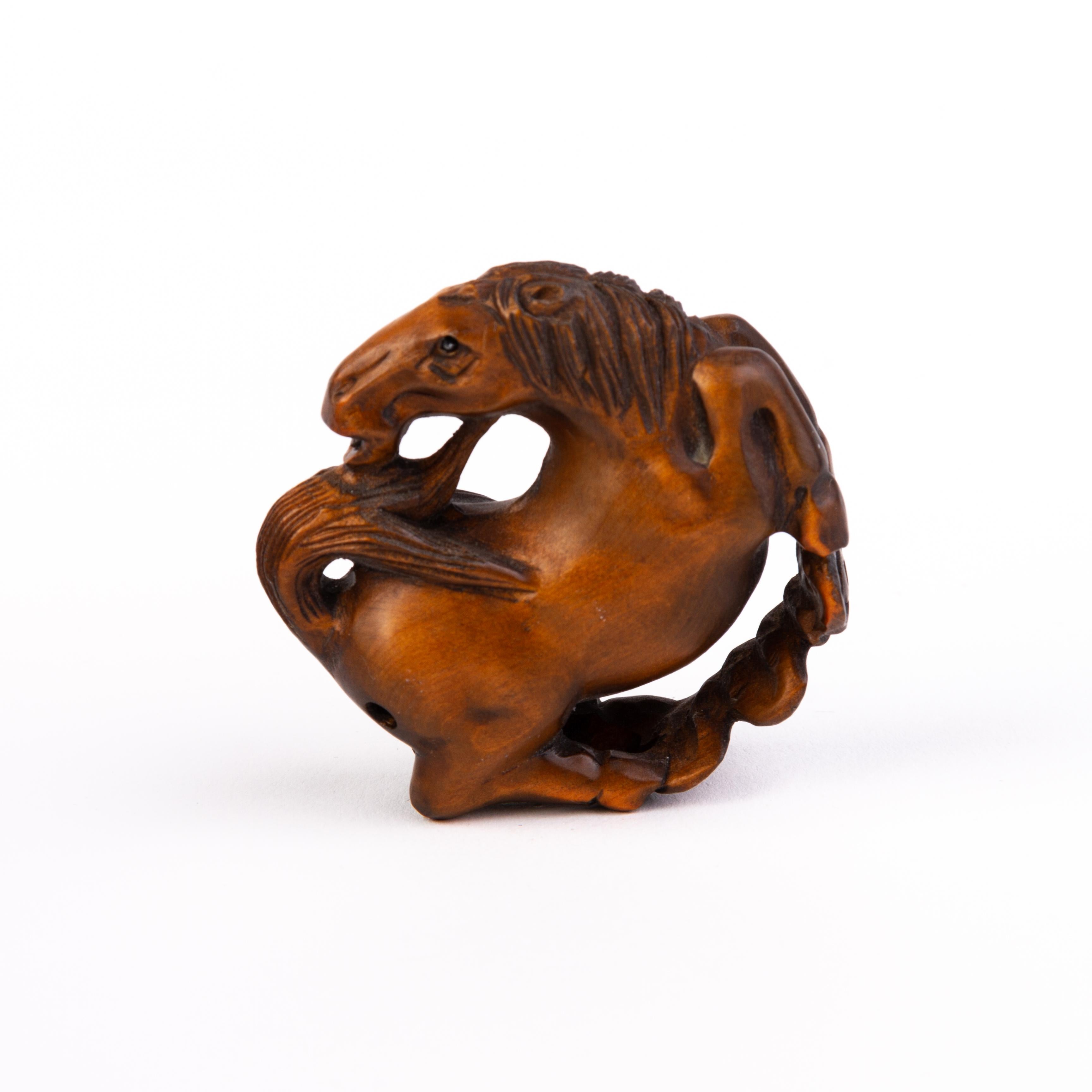 Signed Japanese Boxwood Netsuke of a Rearing Horse  In Good Condition For Sale In Nottingham, GB