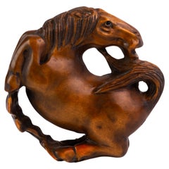 Signed Japanese Boxwood Netsuke of a Rearing Horse 