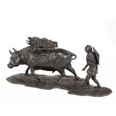 Signed Japanese Bronze of a Farmer with an Ox
