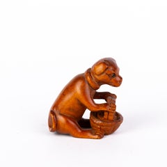 Signed Japanese Carved Boxwood Dog Netsuke Inro Ojime