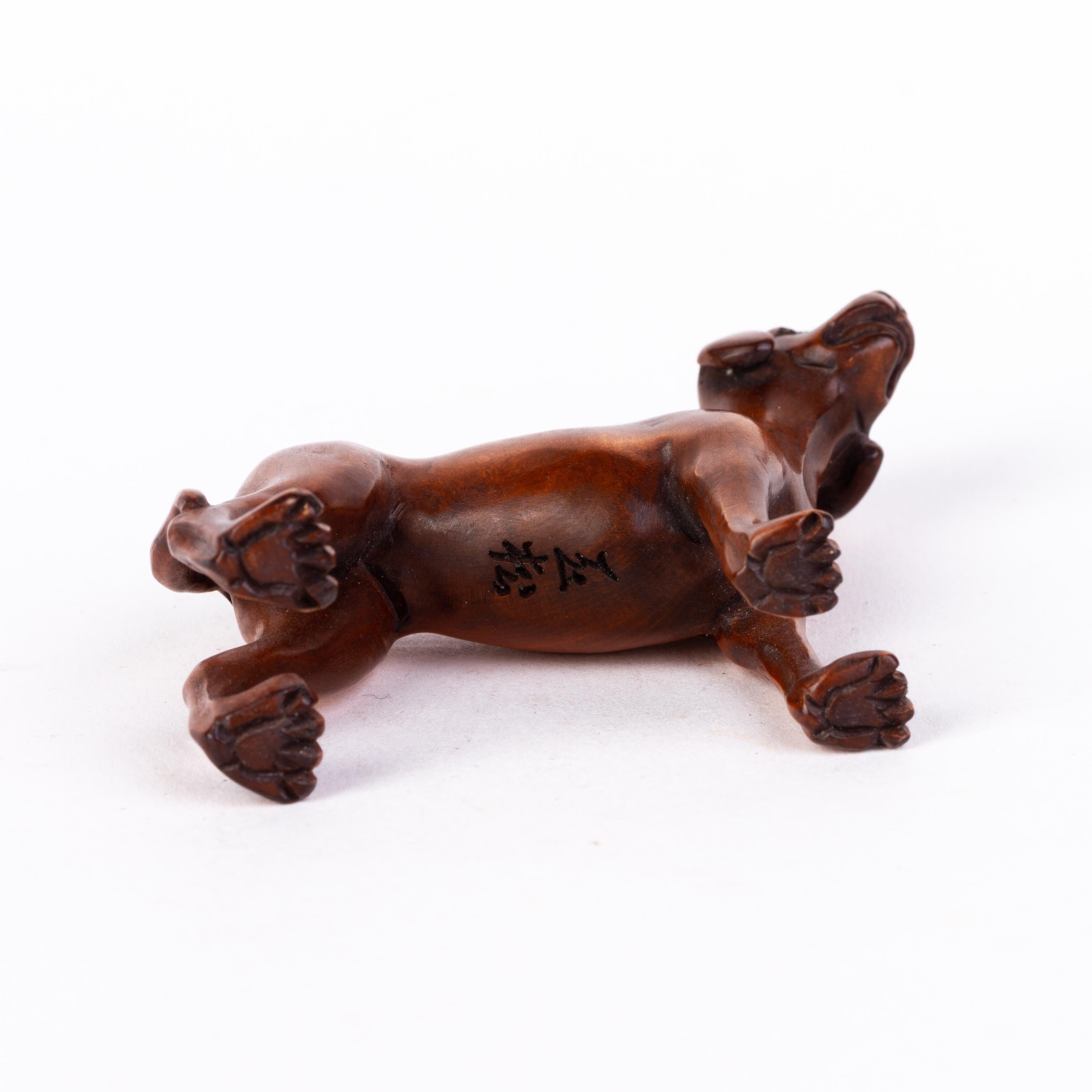 20th Century Signed Japanese Carved Boxwood Dog Netsuke Inro Ojime For Sale