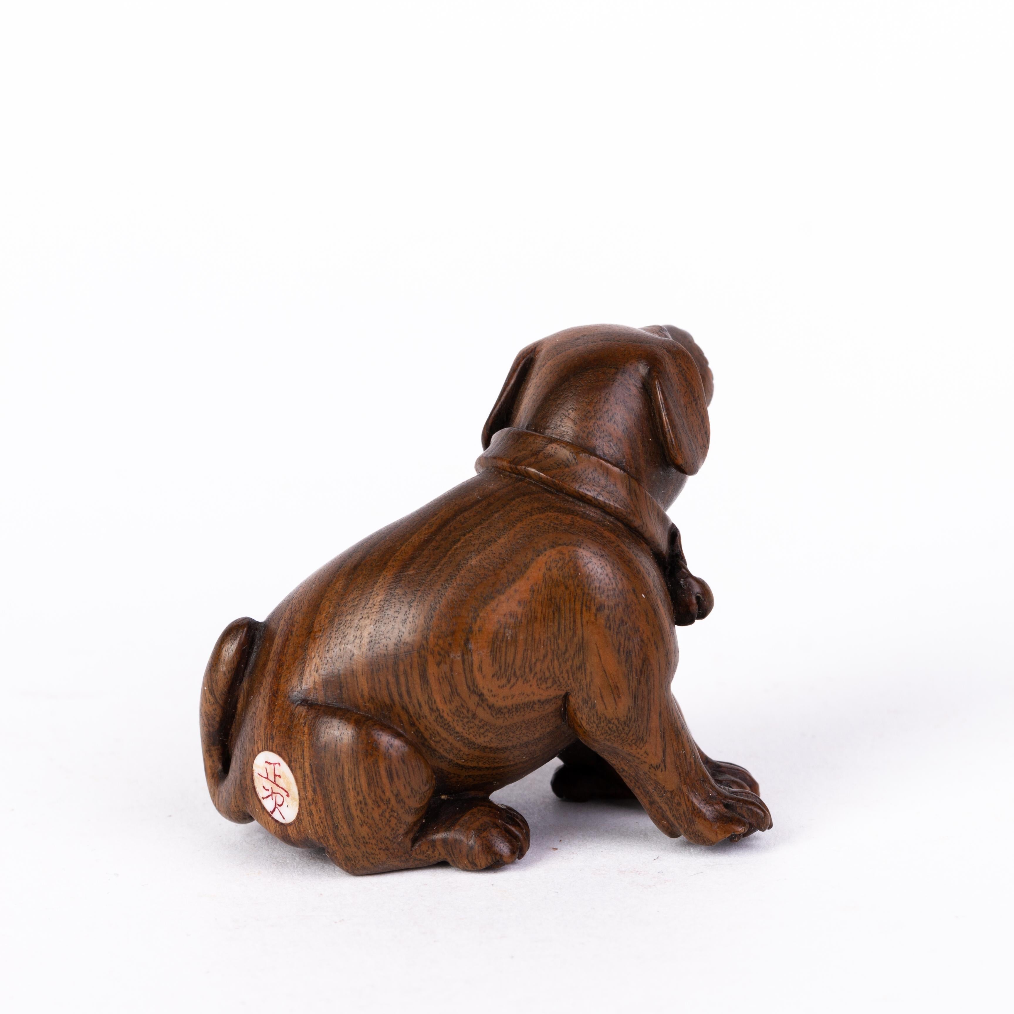 Hand-Carved Signed Japanese Carved Boxwood Dog & Puppy Netsuke Inro Ojime For Sale