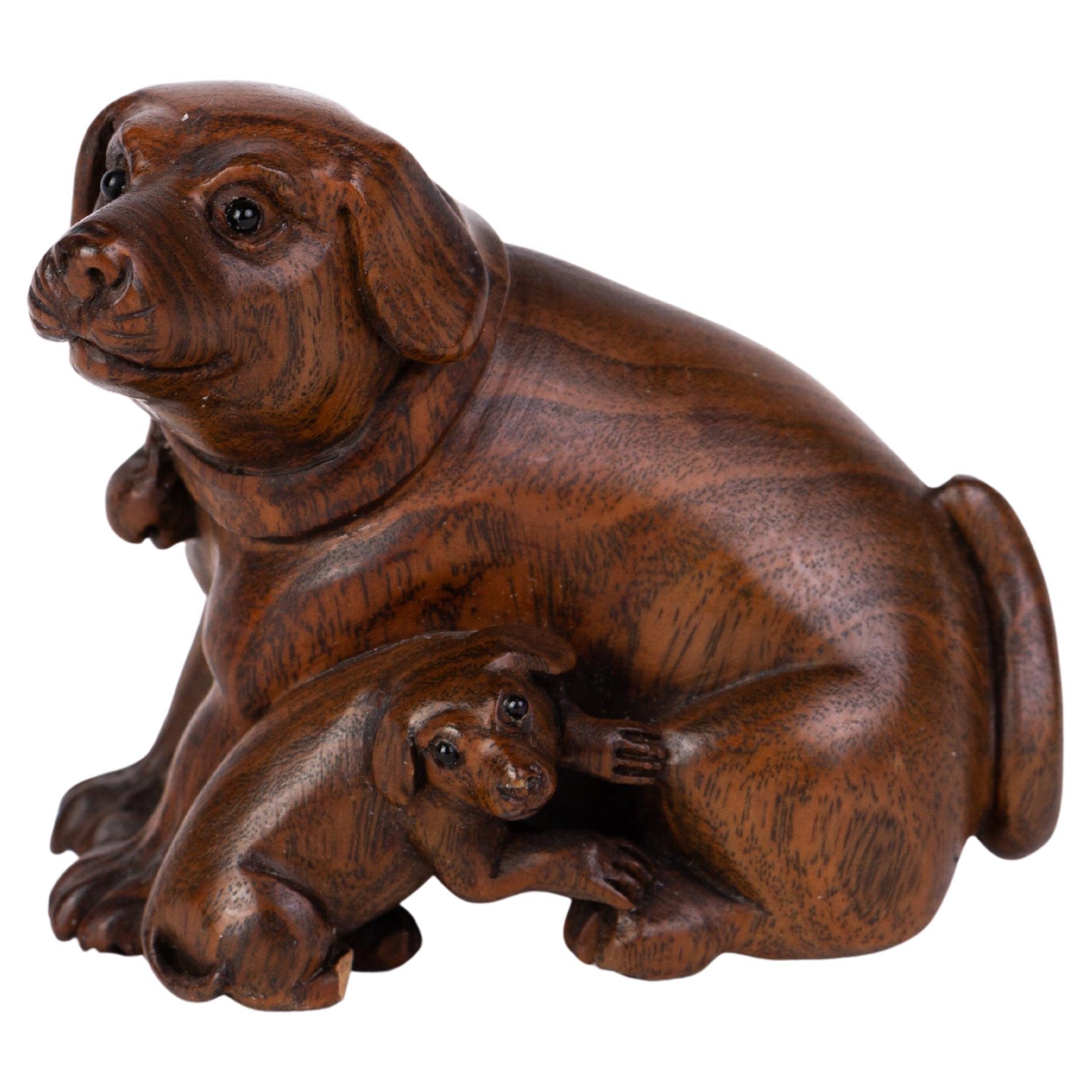 Signed Japanese Carved Boxwood Dog & Puppy Netsuke Inro Ojime For Sale