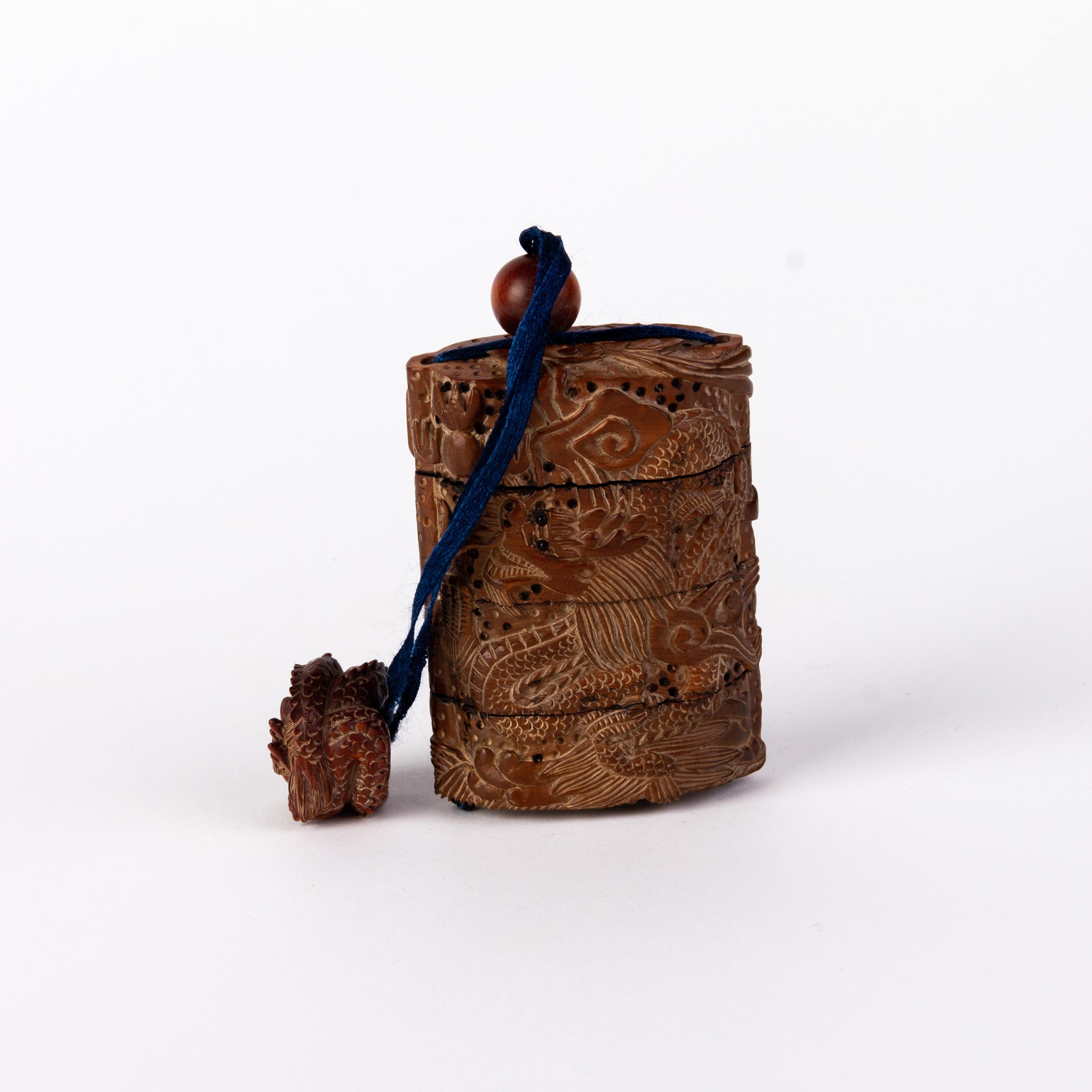 20th Century Signed Japanese Carved Boxwood Dragon Inro Ojime with Netsuke