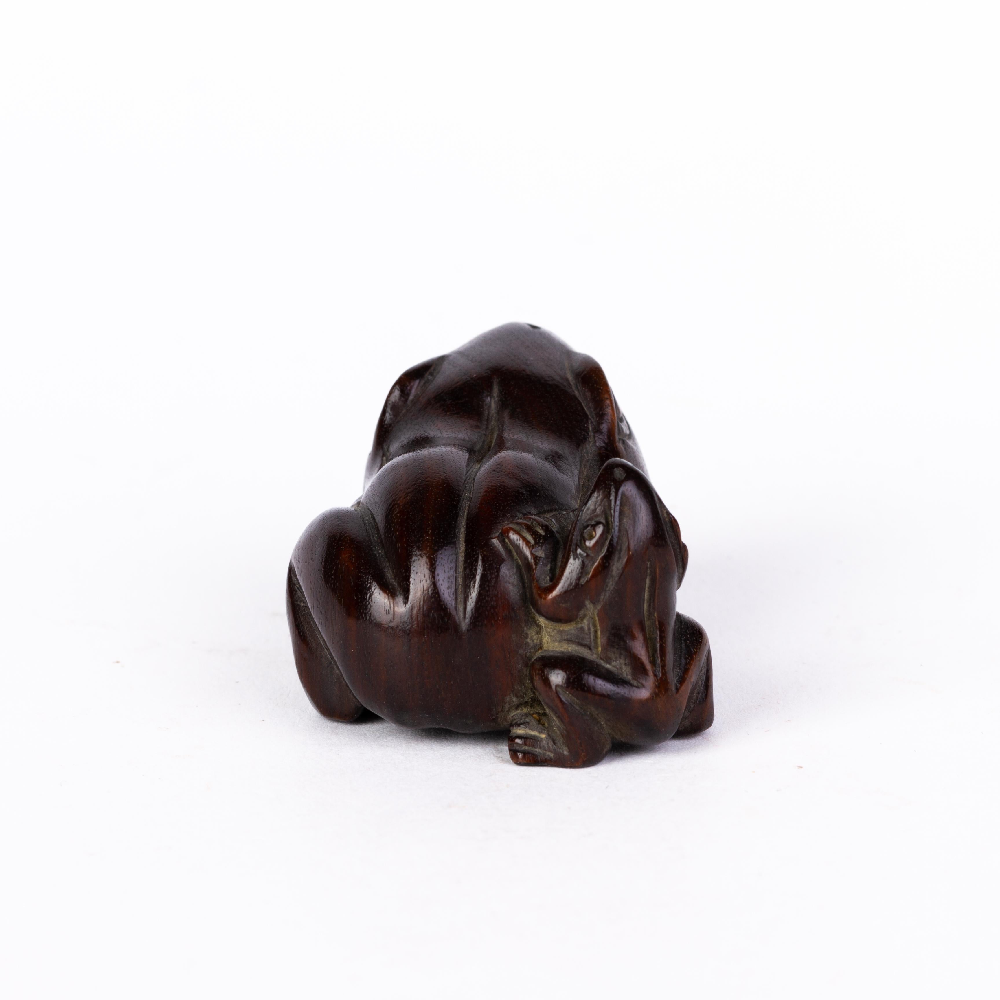 Signed Japanese Carved Boxwood Frog Netsuke Inro Ojime  In Good Condition For Sale In Nottingham, GB