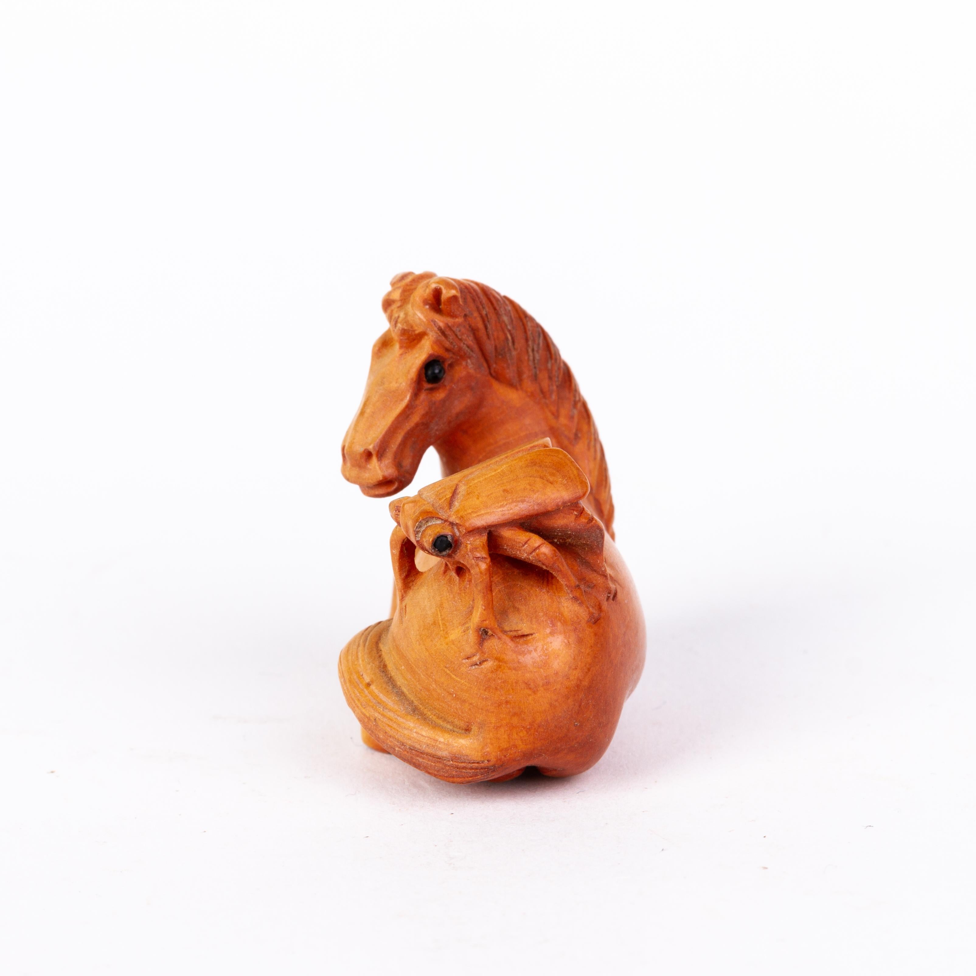 Hand-Carved Signed Japanese Carved Boxwood Horse Netsuke Inro Ojime For Sale