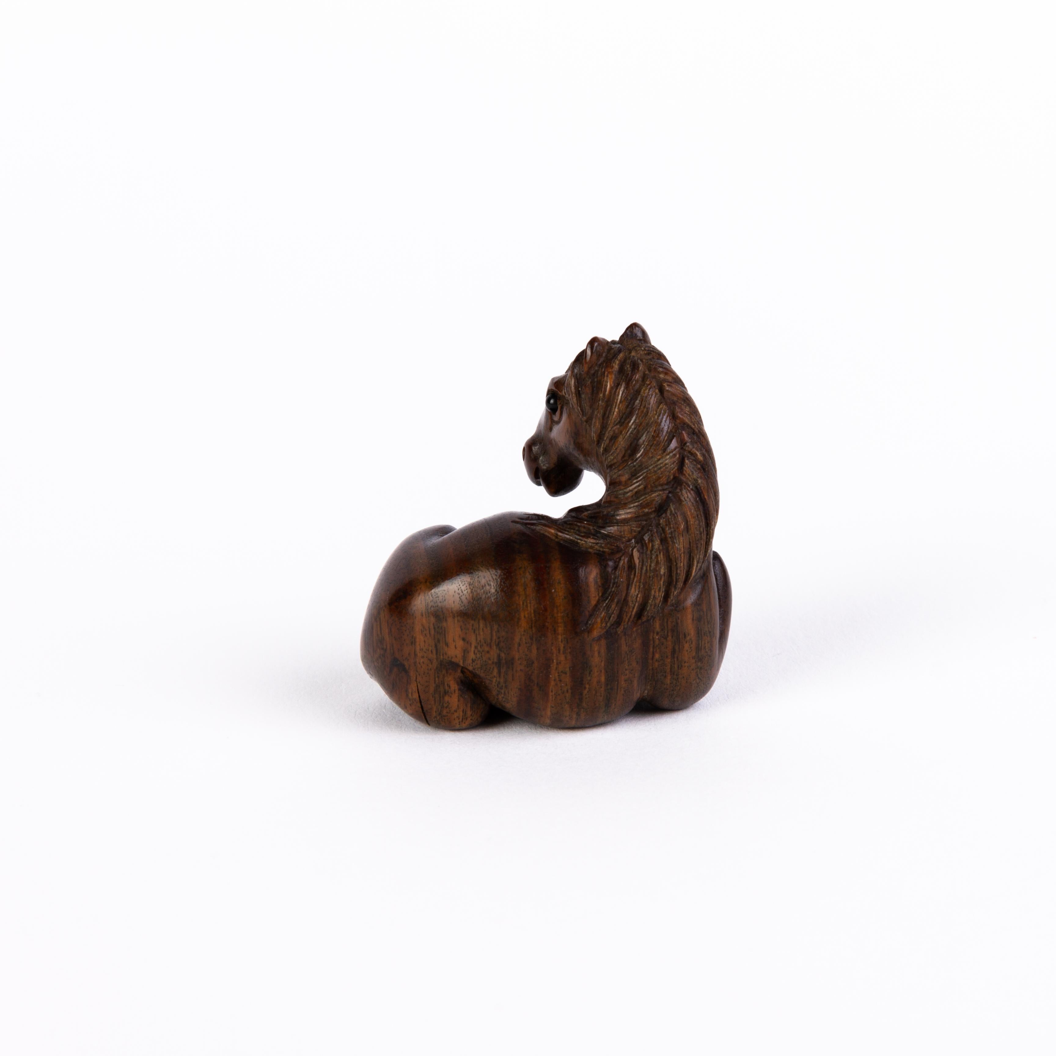 Hand-Carved Signed Japanese Carved Boxwood Horse Netsuke Inro Ojime