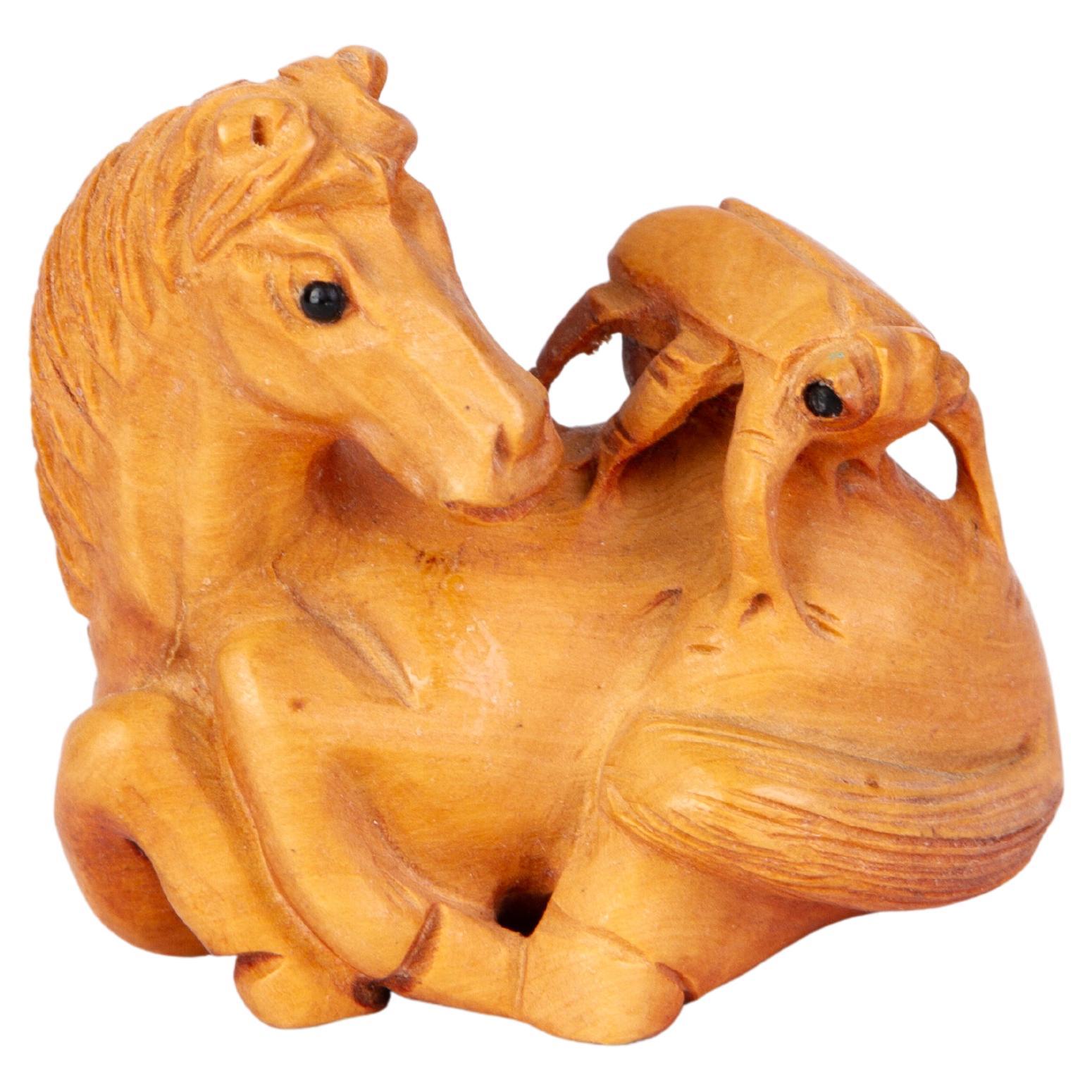 Signed Japanese Carved Boxwood Horse Netsuke Inro Ojime For Sale