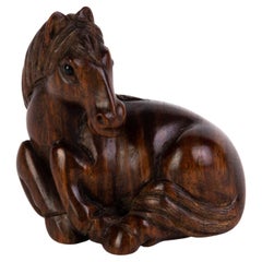 Signed Japanese Carved Boxwood Horse Netsuke Inro Ojime
