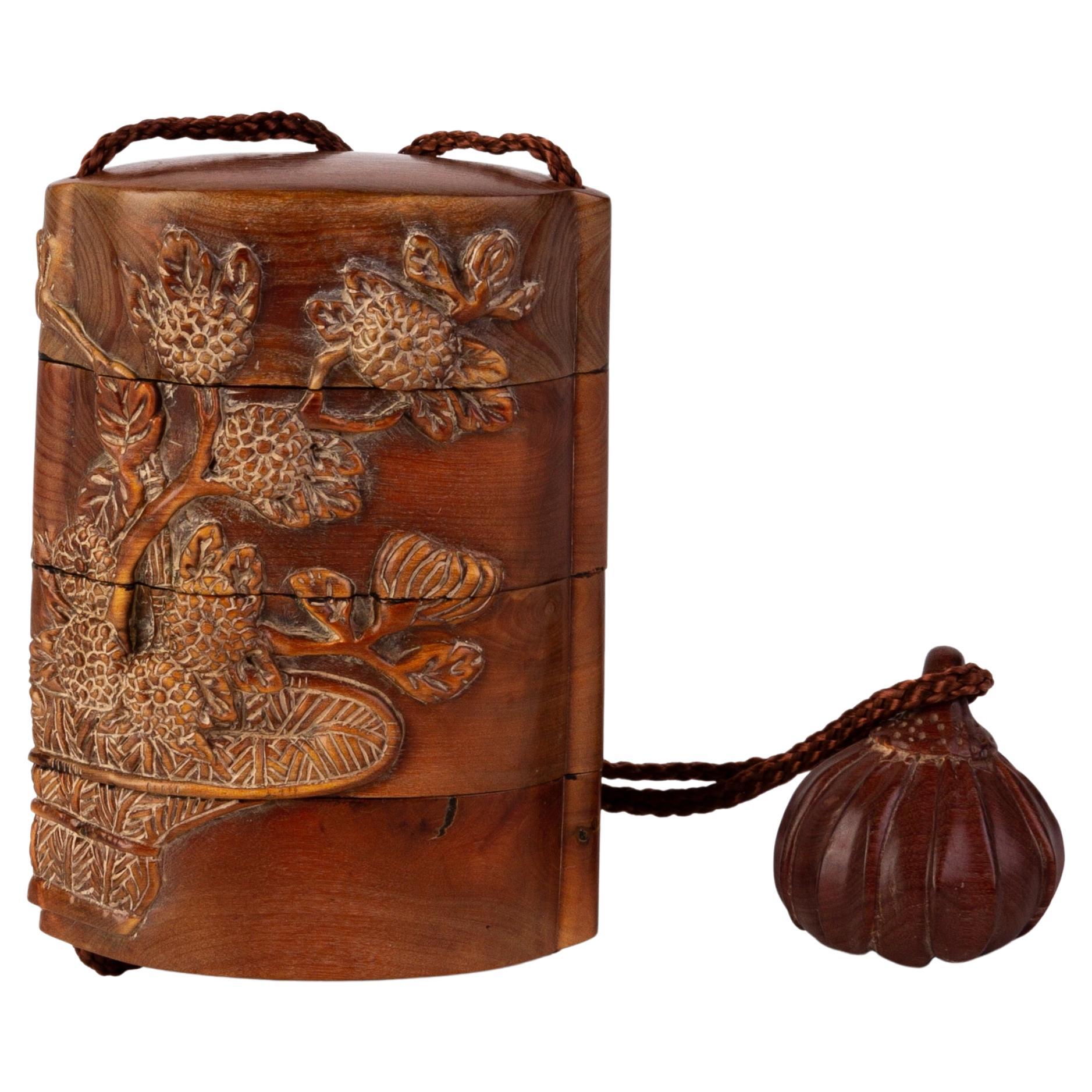 Signed Japanese Carved Boxwood Inro Ojime with Netsuke For Sale