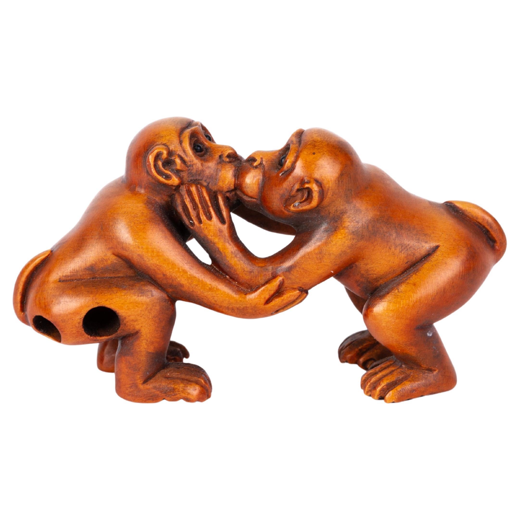 Signed Japanese Carved Boxwood Kissing Monkeys Netsuke Inro Ojime  For Sale