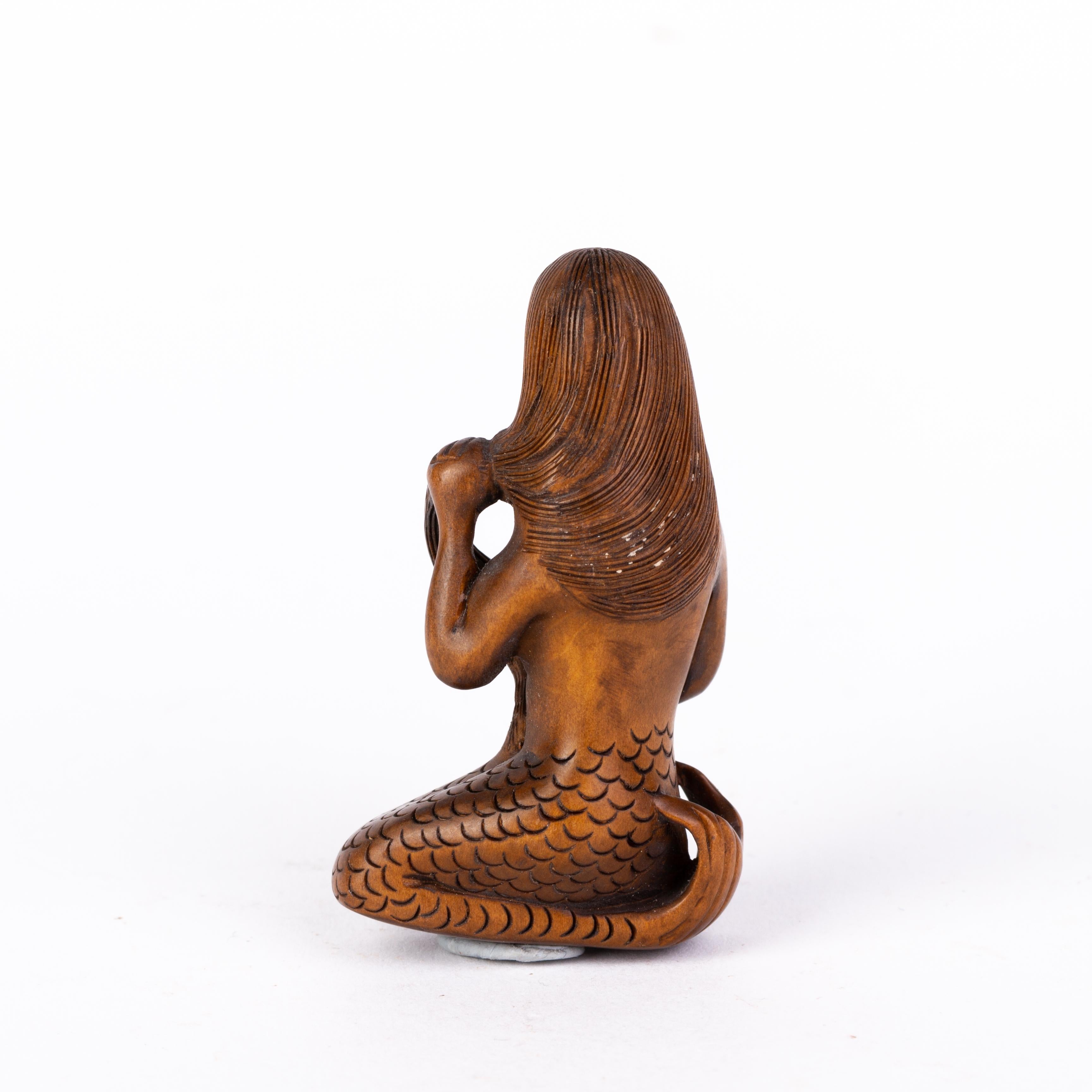 Hand-Carved Signed Japanese Carved Boxwood Mermaid Netsuke Inro Ojime