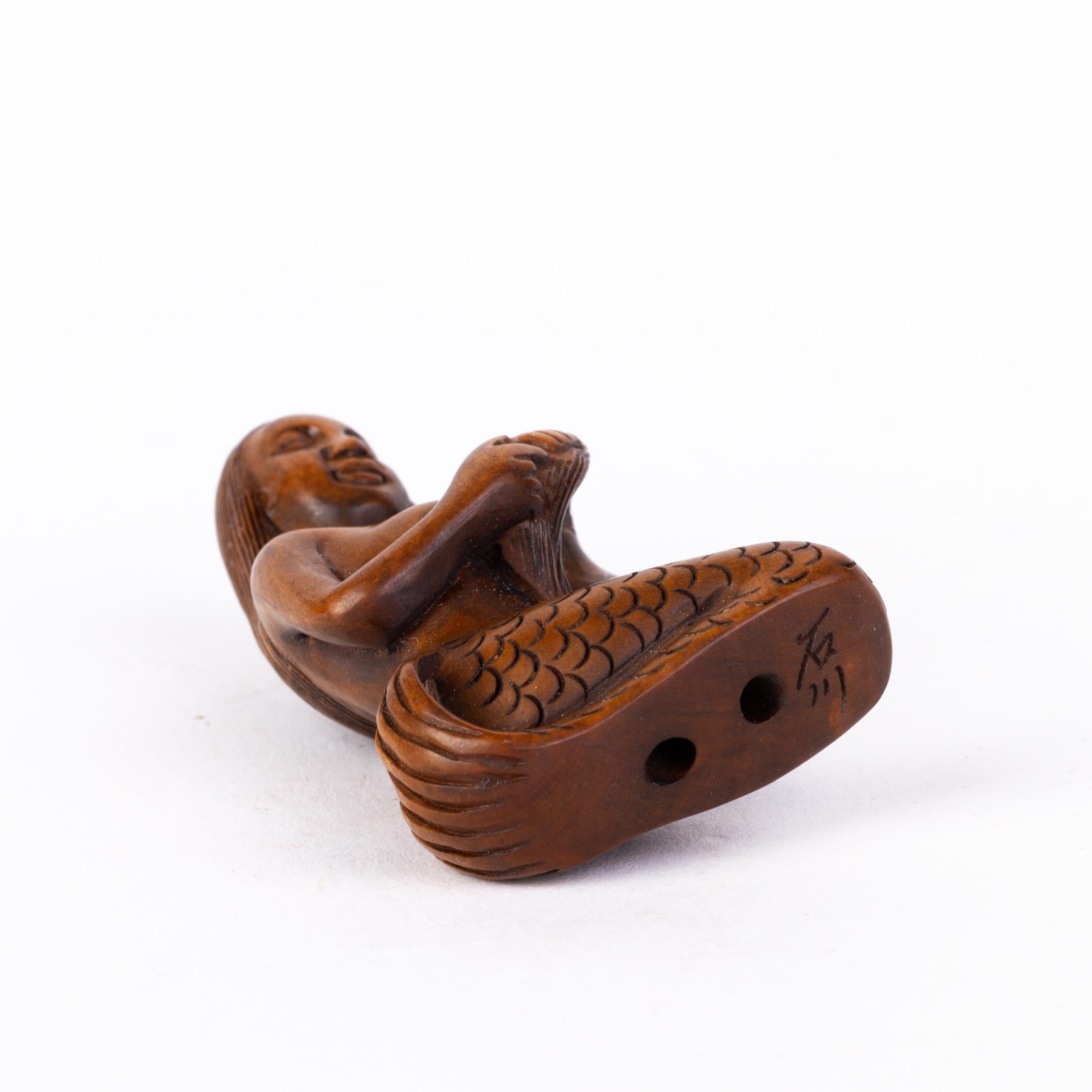 20th Century Signed Japanese Carved Boxwood Mermaid Netsuke Inro Ojime