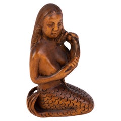 Signed Japanese Carved Boxwood Mermaid Netsuke Inro Ojime 