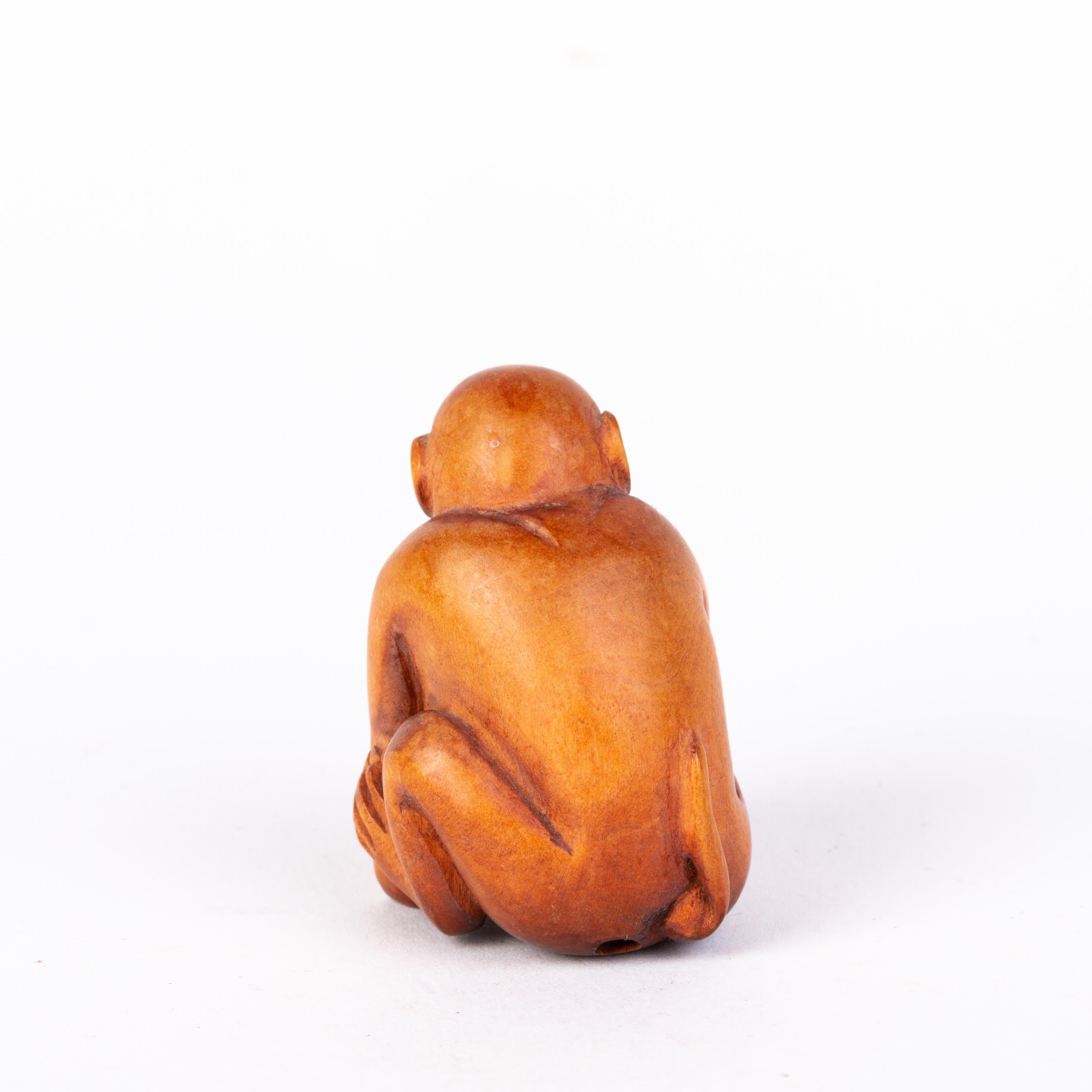 Hand-Carved Signed Japanese Carved Boxwood Monkey Netsuke Inro Ojime  For Sale