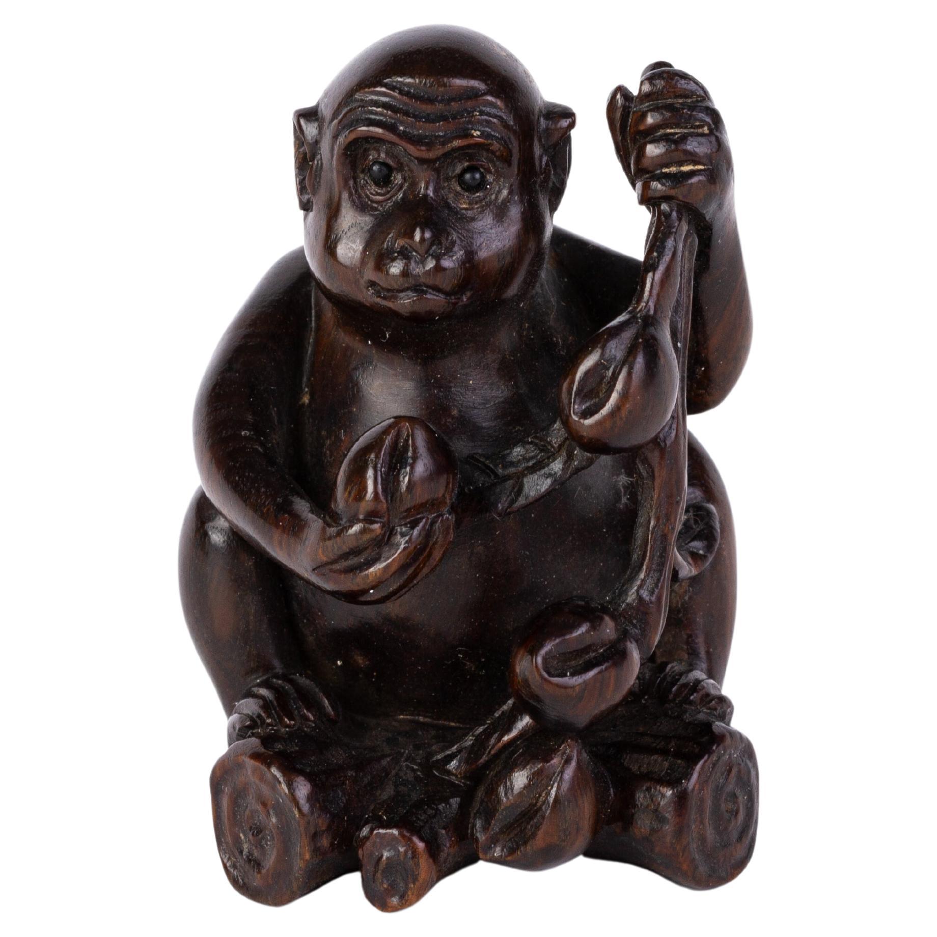Signed Japanese Carved Boxwood Monkey Netsuke Inro Ojime For Sale