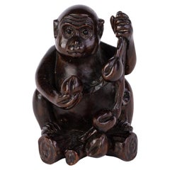 Signed Japanese Carved Boxwood Monkey Netsuke Inro Ojime